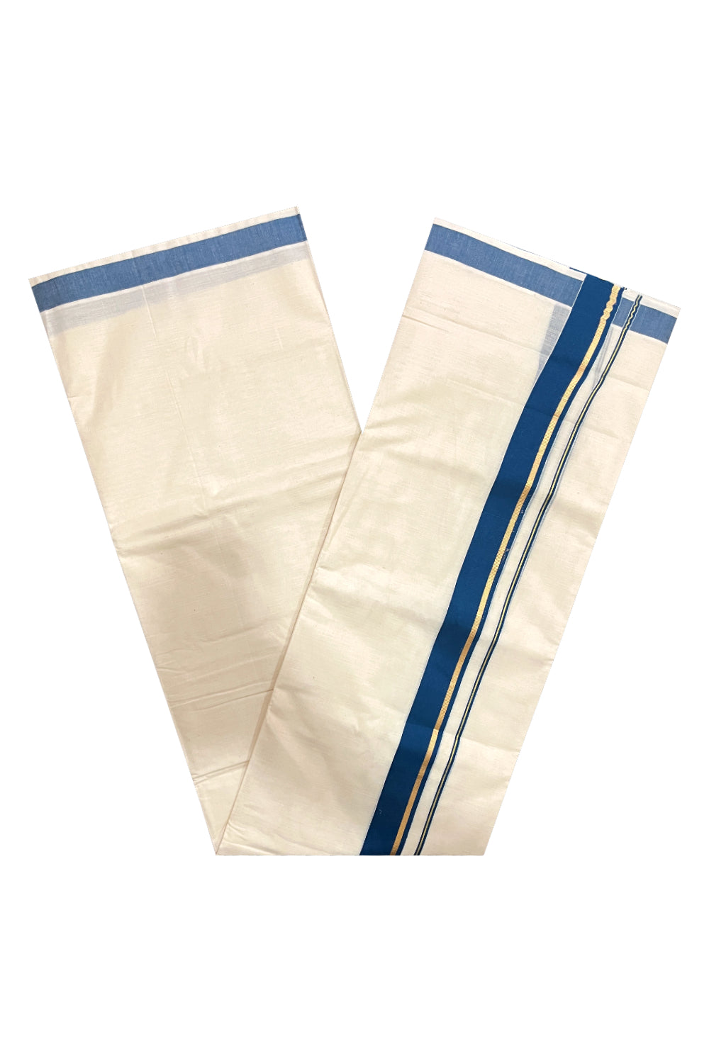 Pure Cotton Double Mundu with Blue and Kasavu Kara (South Indian Dhoti)