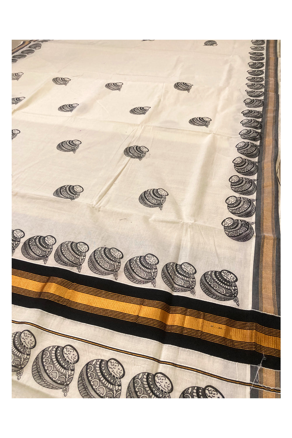 Pure Cotton Kerala Saree with Black Pot Block Printed Design and Kasavu Border