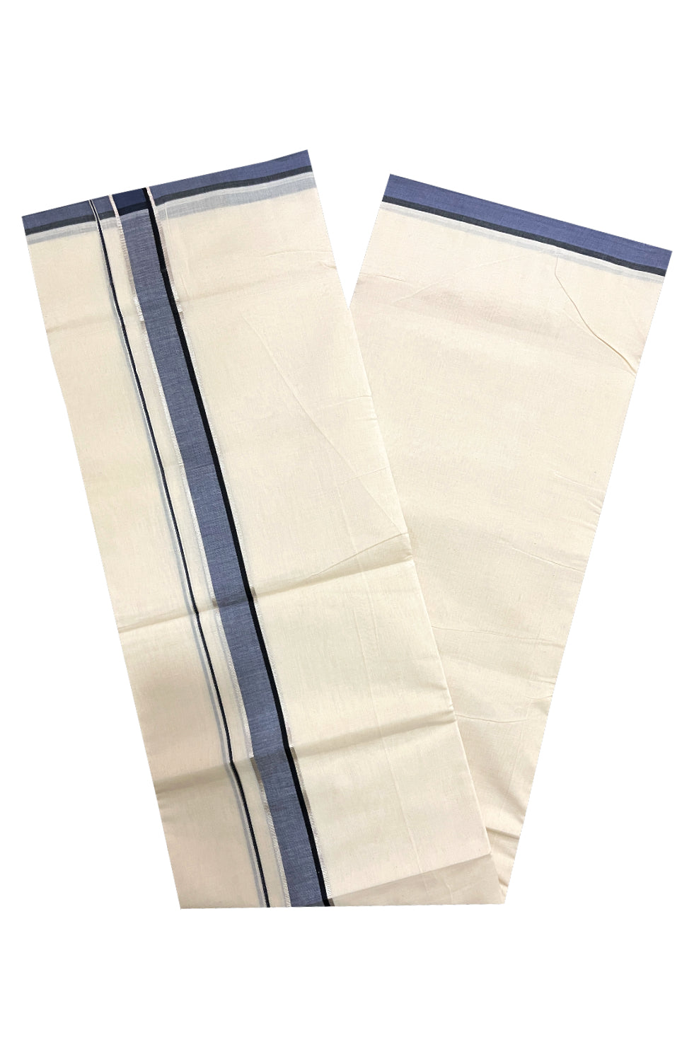 Pure Cotton Off White 100x100 Double Mundu with Silver Kasavu and Navy Blue Border (South Indian Dhoti)