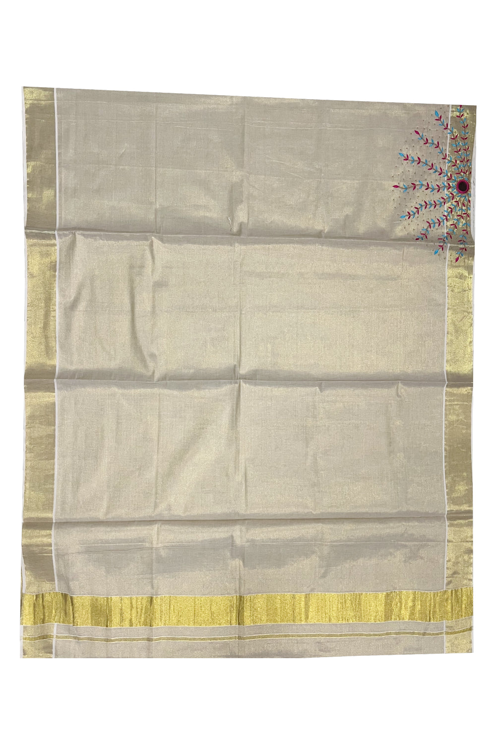 Kerala Tissue Kasavu Saree with Embroidery Bead and Mirrorwork Design