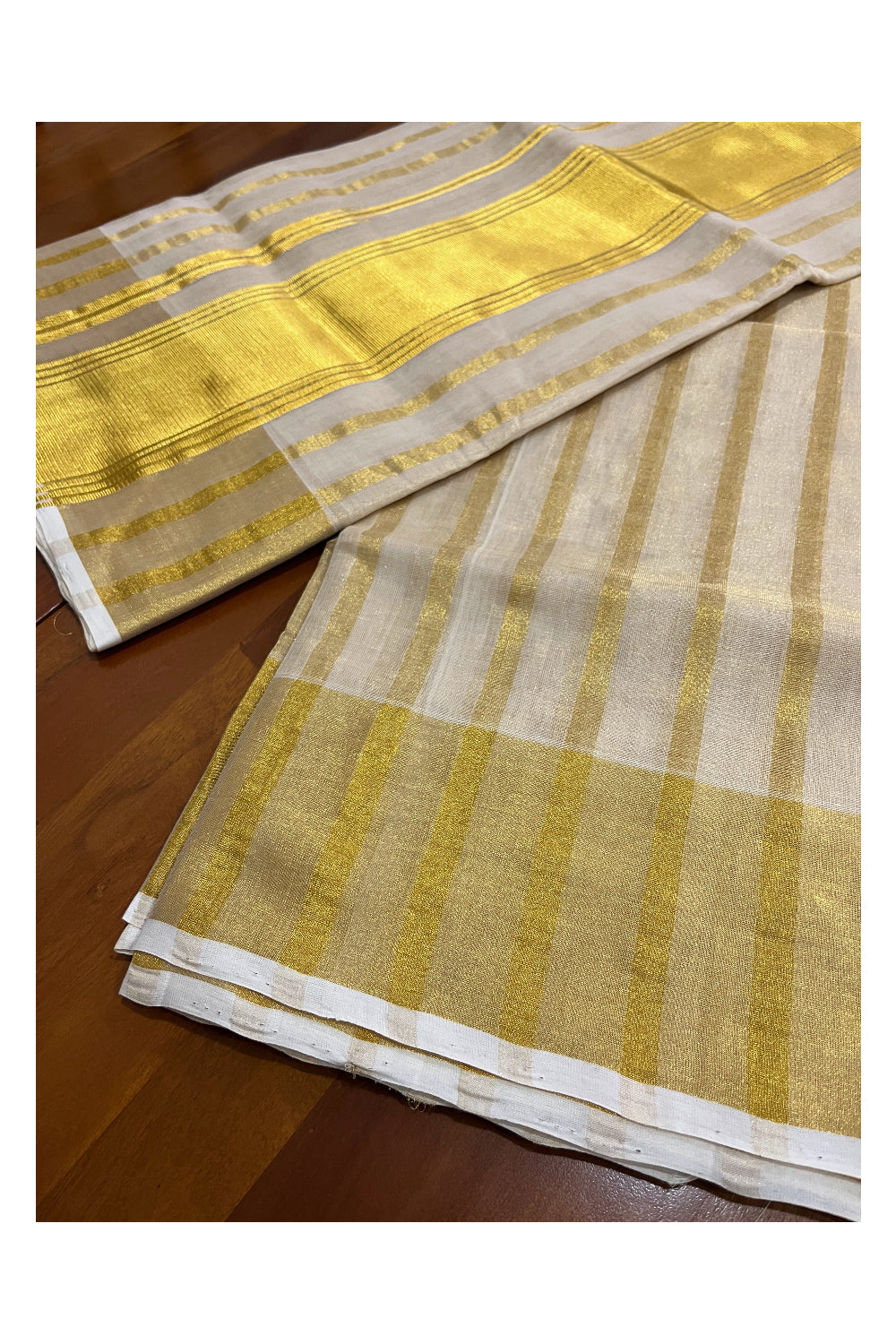 Southloom Premium Handloom Tissue Kasavu Saree with Wide Lines Across Body