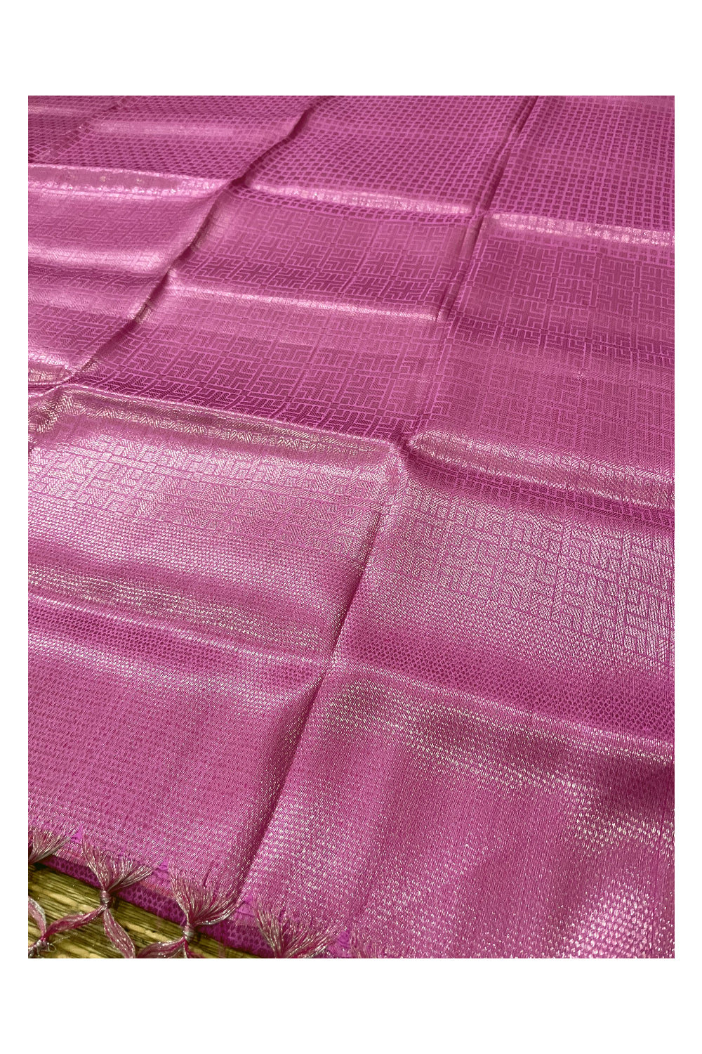 Southloom Semi Tussar Pink Saree with Silver Border and Tassels works on Pallu