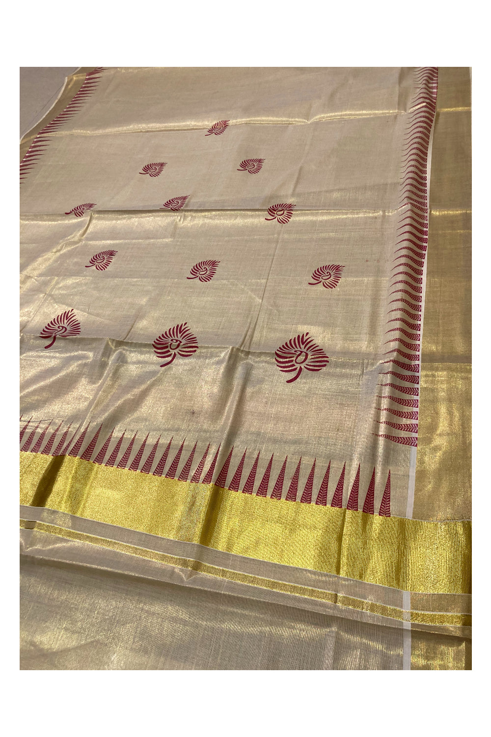 Kerala Tissue Kasavu Saree with Red Block Prints