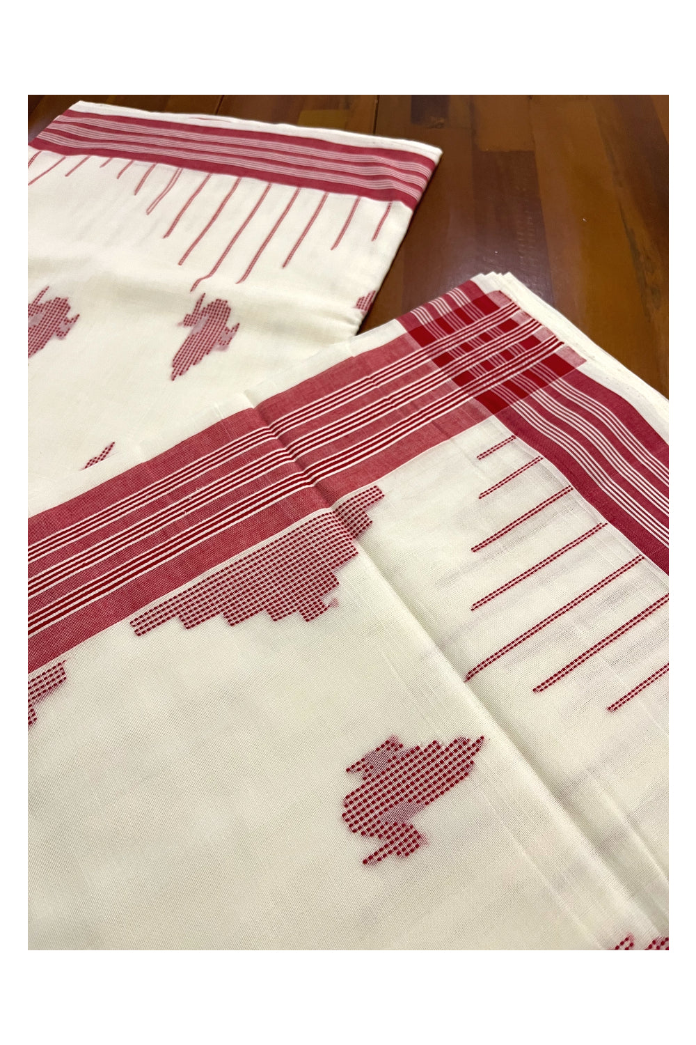 Southloom Premium Handloom Kerala Saree with Red Butta Works