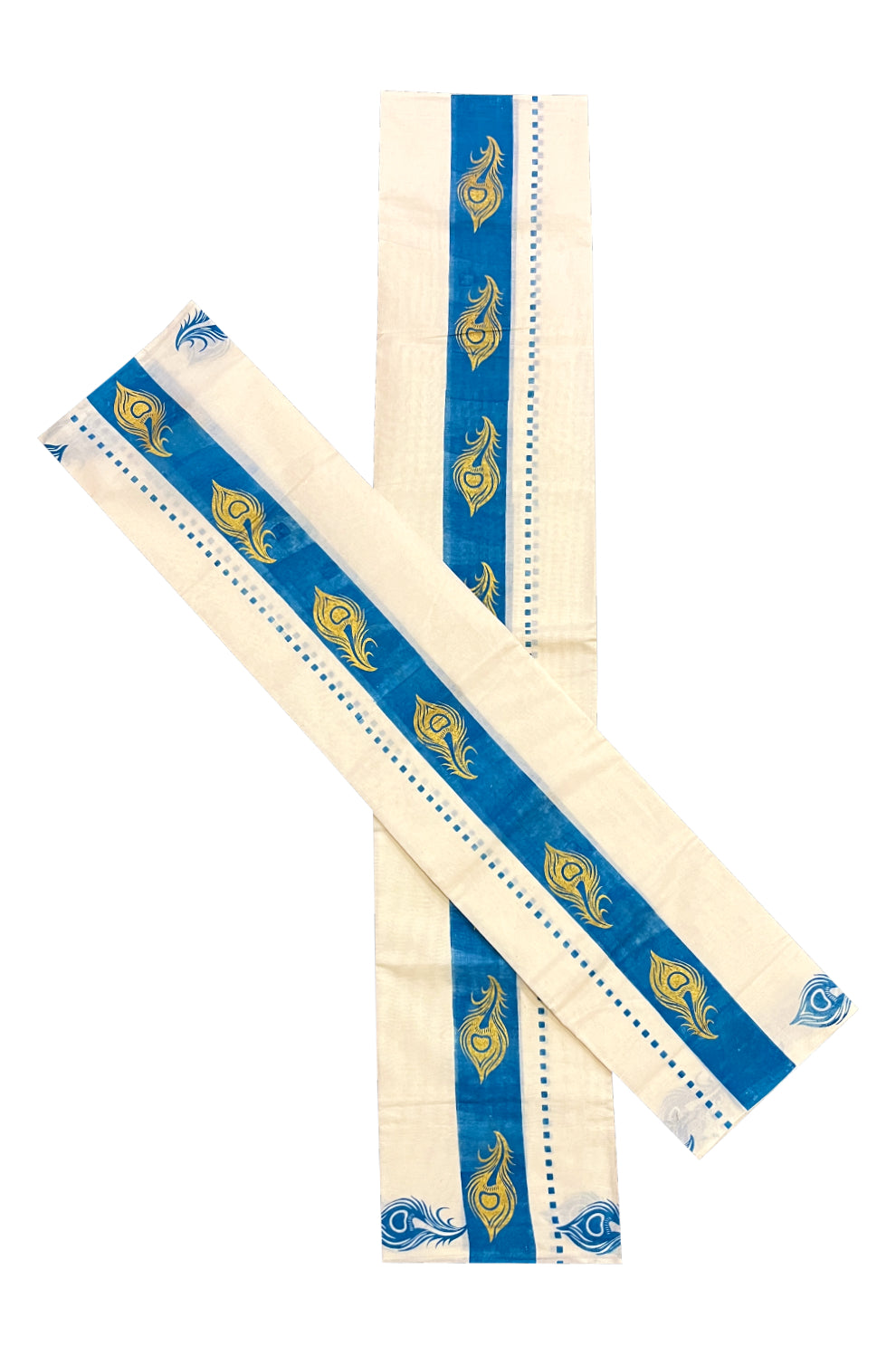 Kerala Cotton Set Mundu (Mundum Neriyathum) with Golden Feather Block Prints on Blue Border 2.80 Mtrs