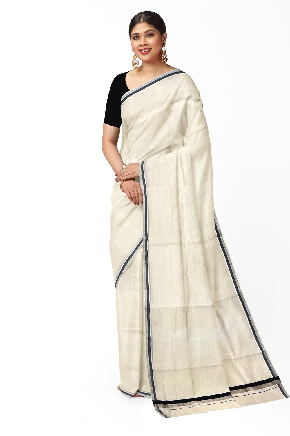 Kerala Pure Cotton Plain Saree with Silver Kasavu and Black Border