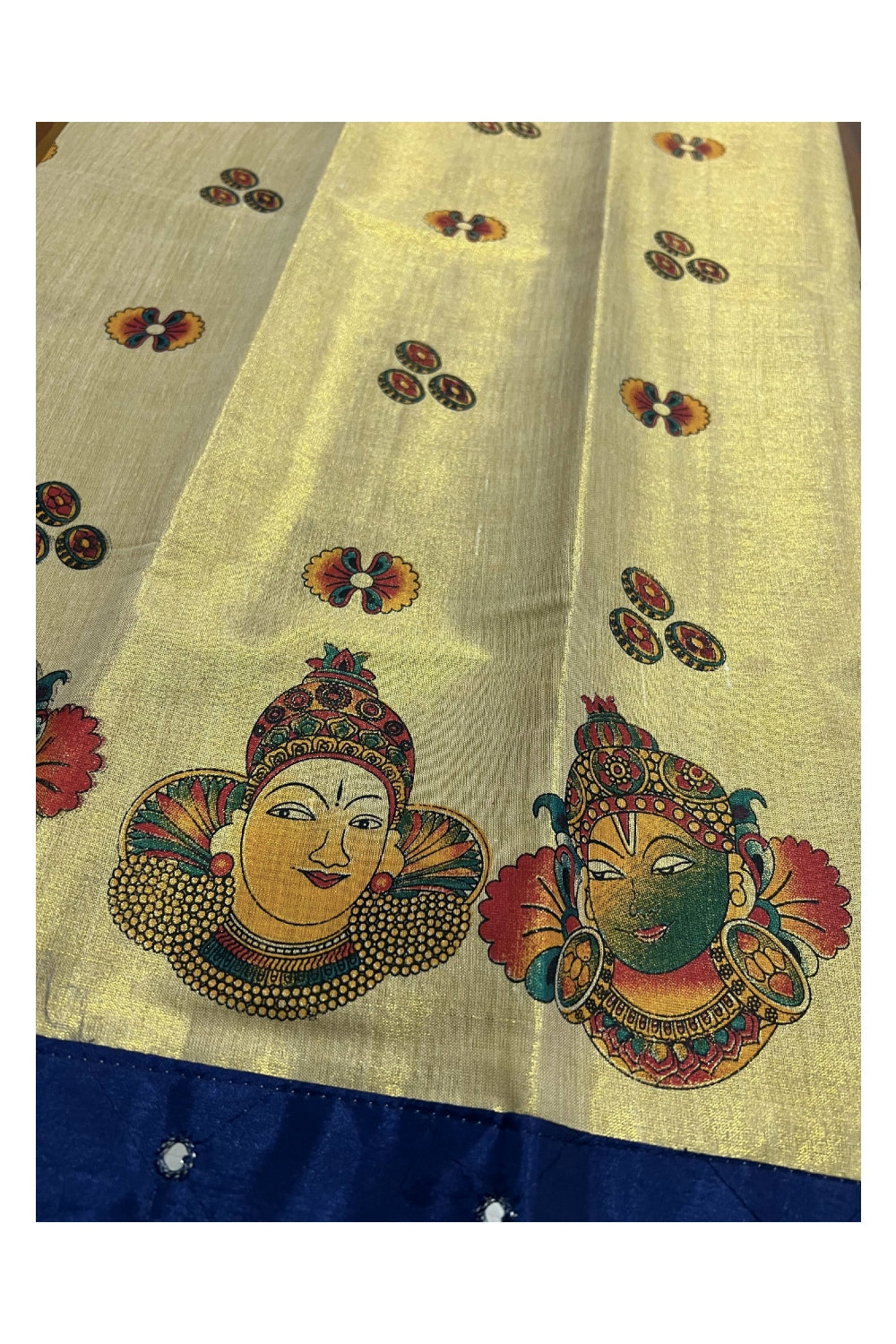 Kerala Tissue Mural Printed Pavada and Blue Blouse Material for Kids 3 Meters