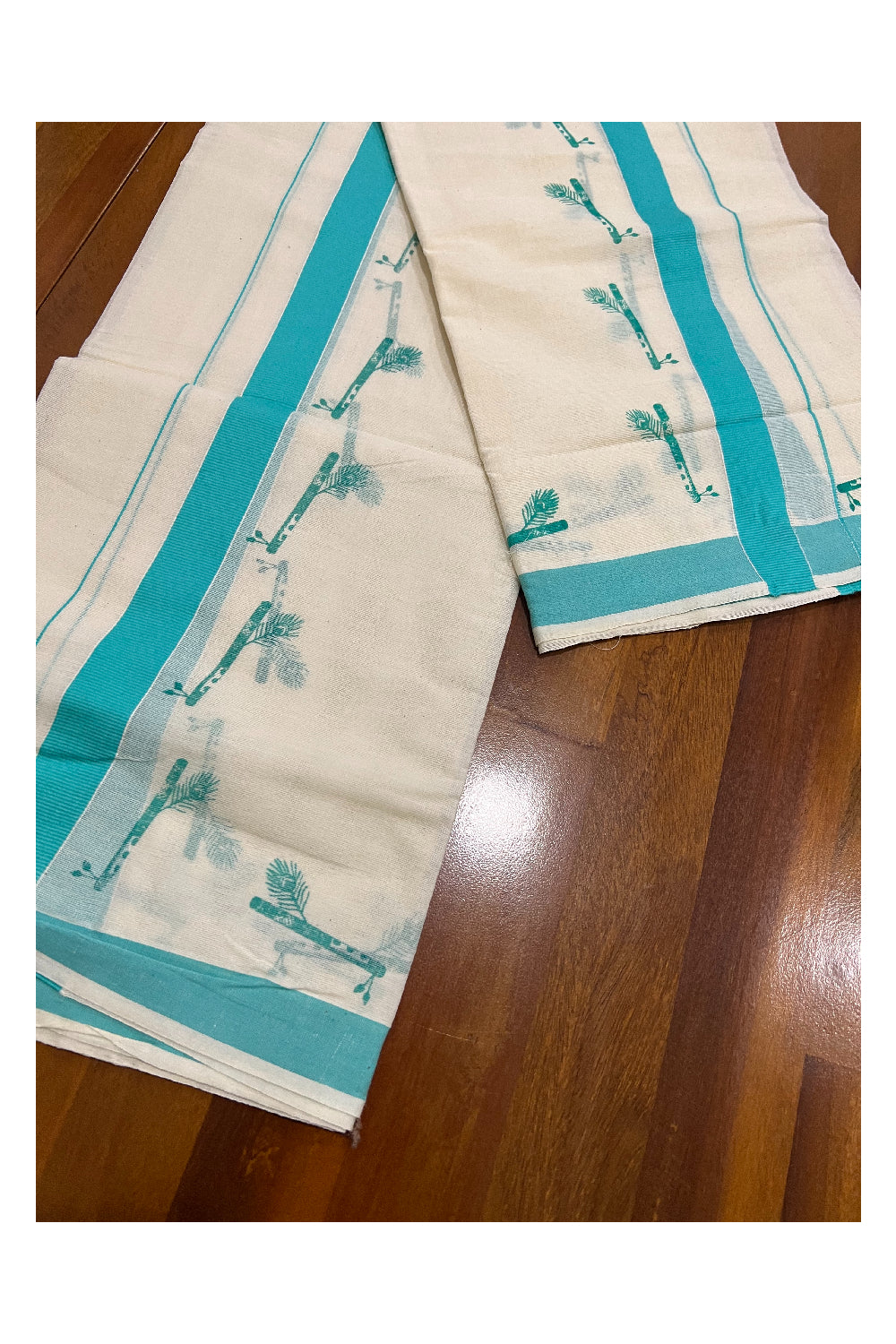 Pure Cotton Set Mundu (Mundum Neriyathum) with Turquoise Feather Flute Block Prints on Border