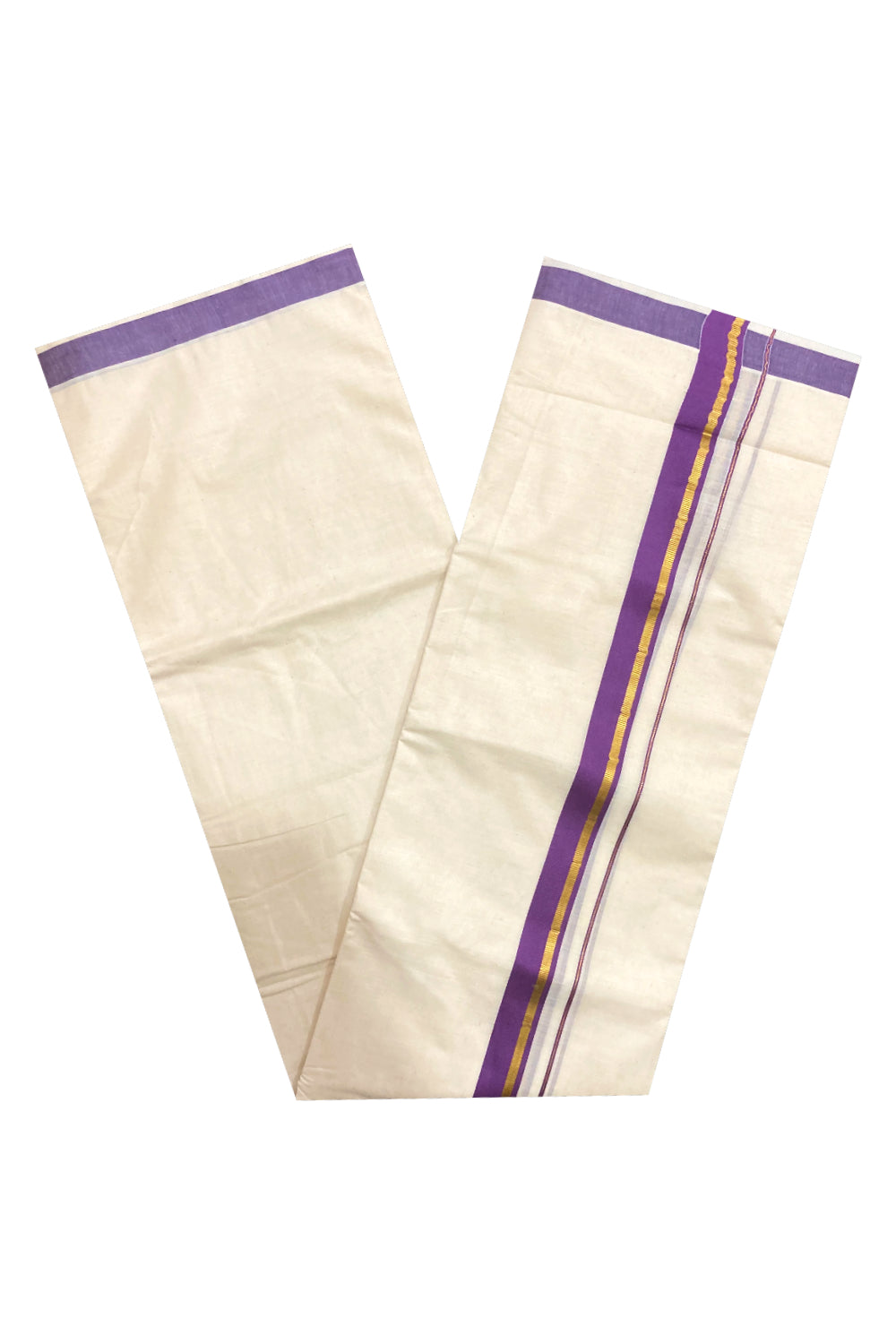 Pure Cotton Double Mundu with Violet and Kasavu Border (South Indian Dhoti)