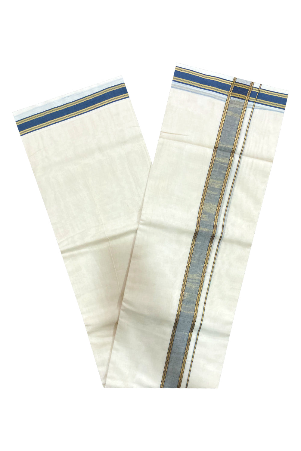 Southloom Premium Handloom Pure Cotton Mundu with Blue and Kasavu Border (South Indian Dhoti)