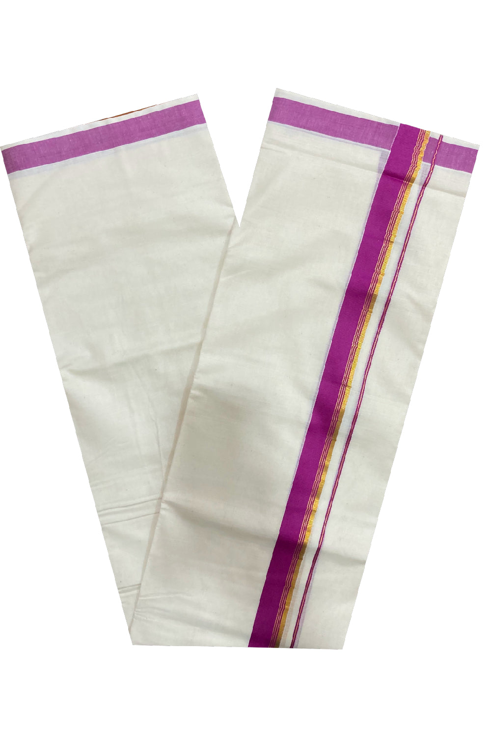 Pure Cotton Double Mundu with Magenta and Kasavu Border (South Indian Kerala Dhoti)