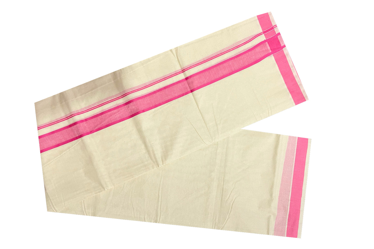 Off White Pure Cotton Double Mundu with Pink Border (South Indian Kerala Dhoti)