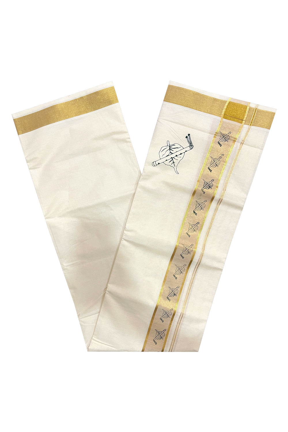 Pure Cotton Off White Double Mundu with Green Block Prints on Kasavu Kara (South Indian Dhoti)