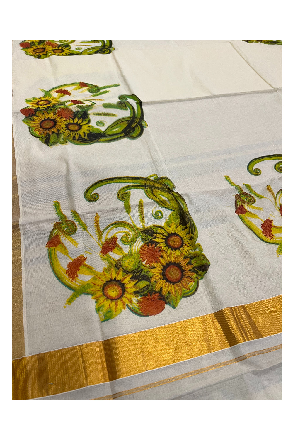 Kerala Cotton Kasavu Saree with Mural Printed Floral Design