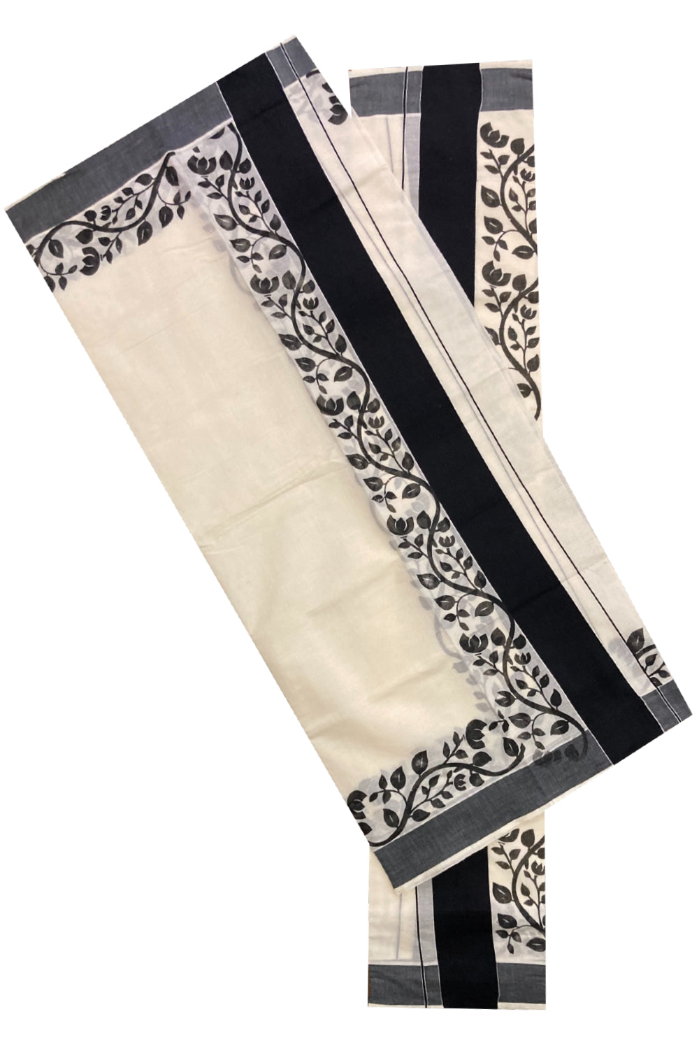 Southloom Original Design Single Set Mundu (Mundum Neriyathum) with Black Floral Vines Block Print