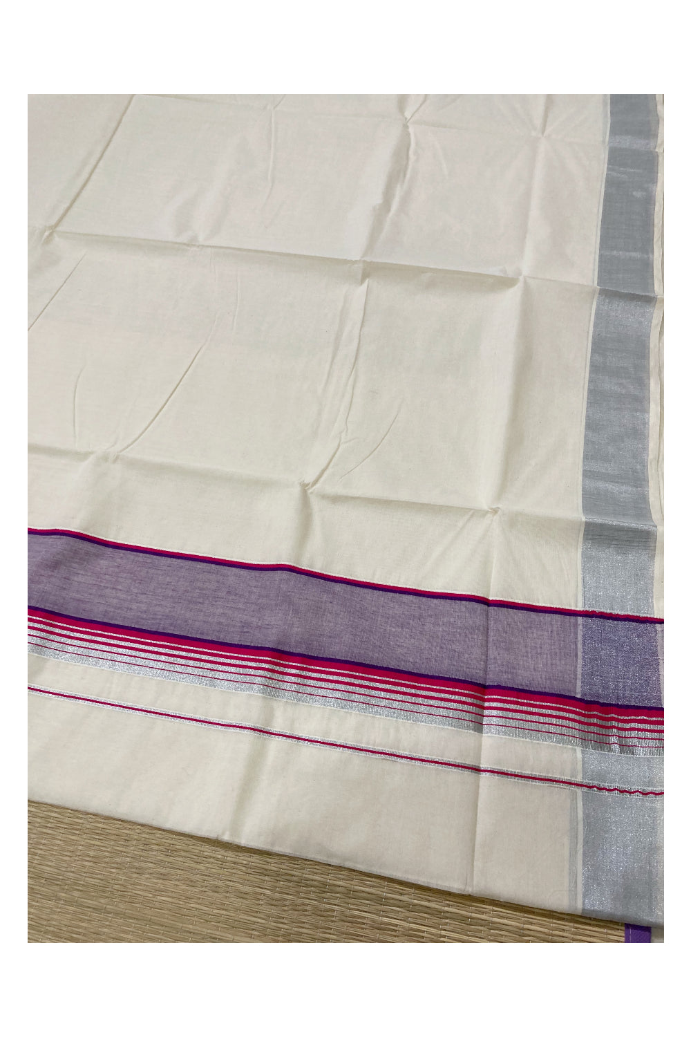 Pure Cotton Silver Kasavu Plain Saree with Red and Violet Border