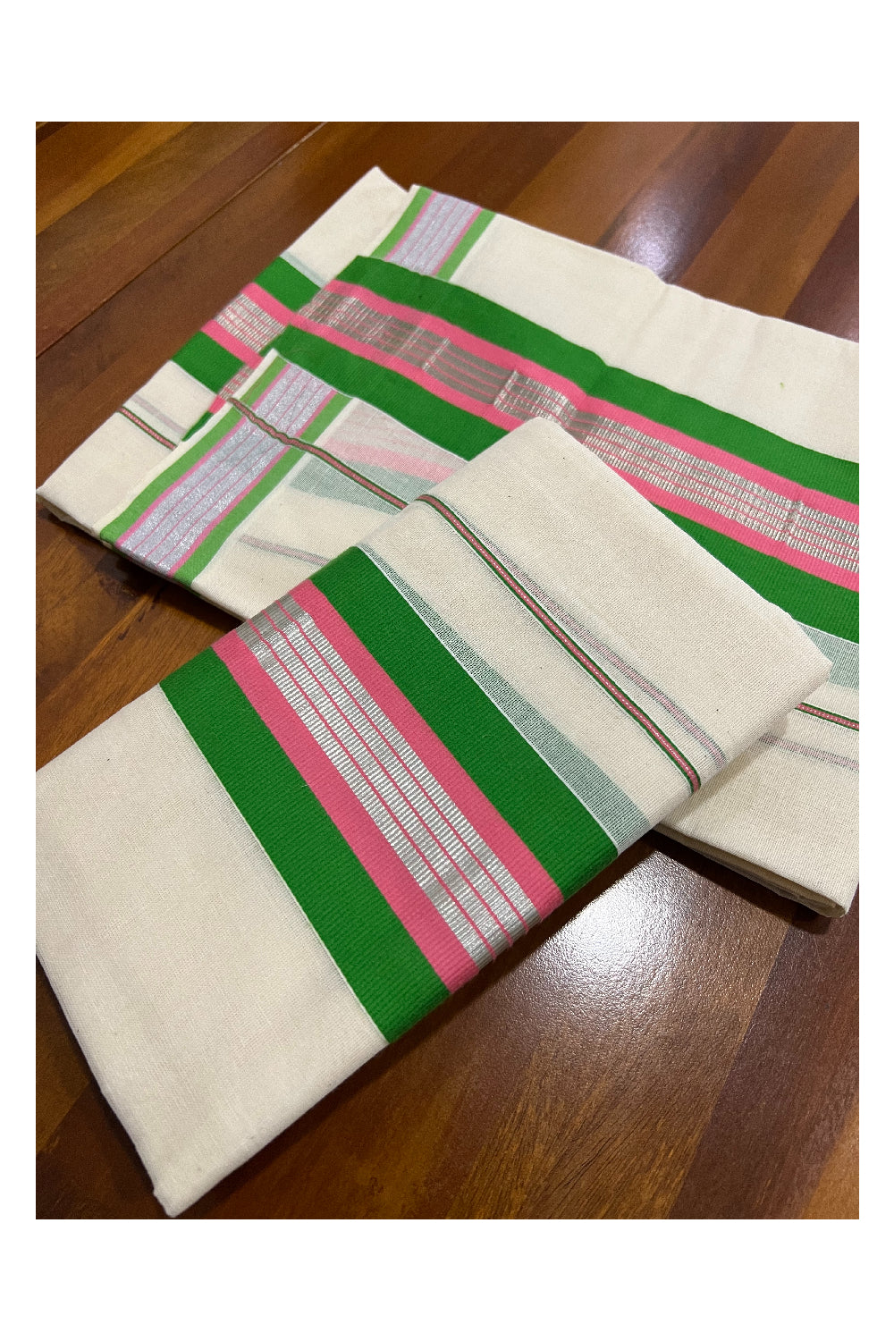 Pure Cotton Mundum Neriyathum Single (Set Mundu) with Silver Kasavu Light Green and Pink Border 2.80 Mtrs