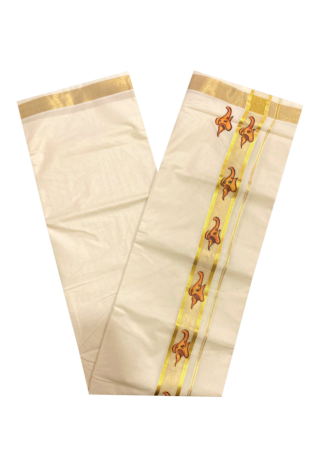 Off White Pure Cotton Double Mundu with Mural Prints on Kasavu Kara (South Indian Dhoti)