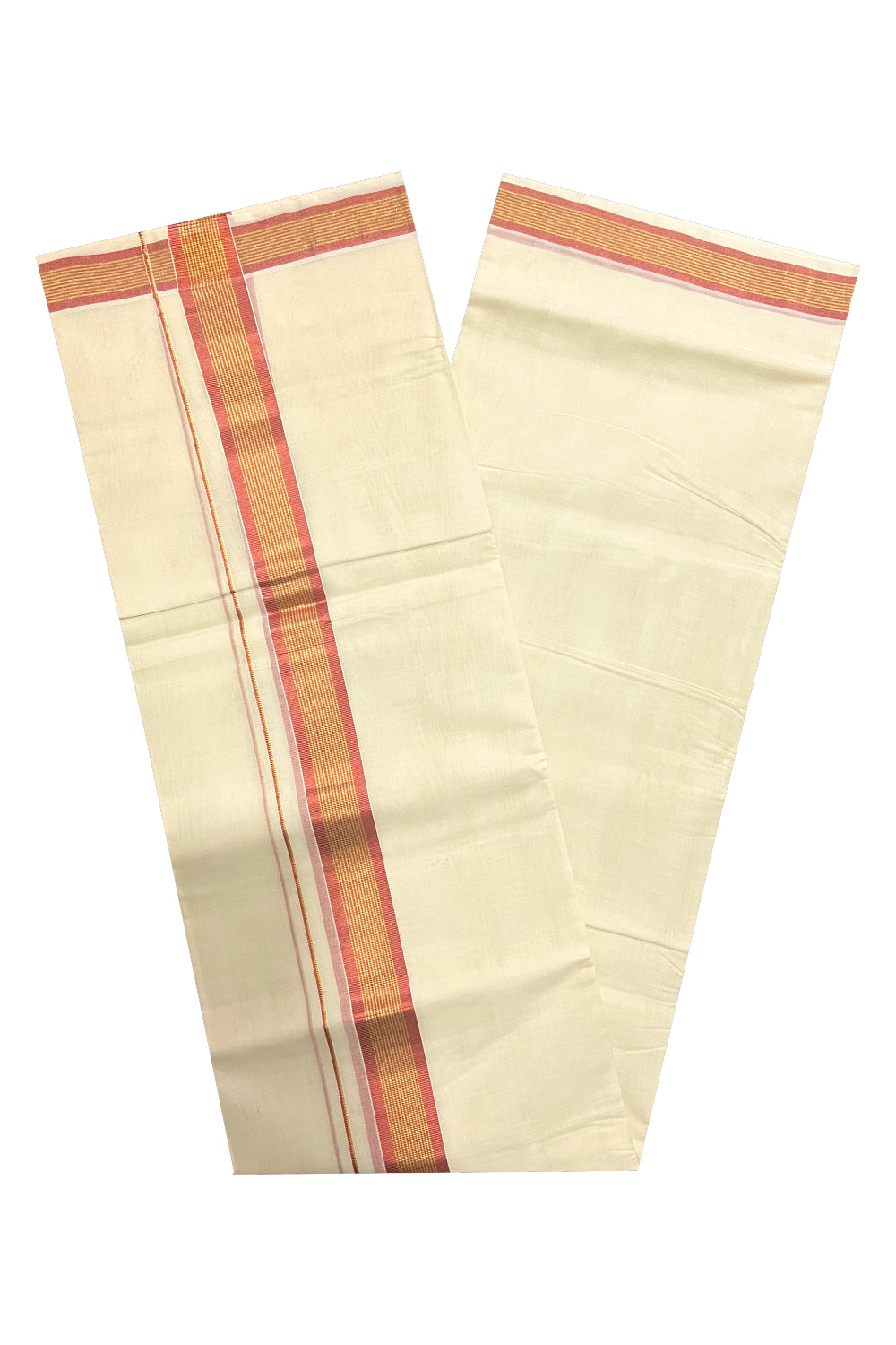 Southloom Premium Handloom Pure Cotton Mundu with Golden and Copper Red Kasavu Border (South Indian Dhoti)