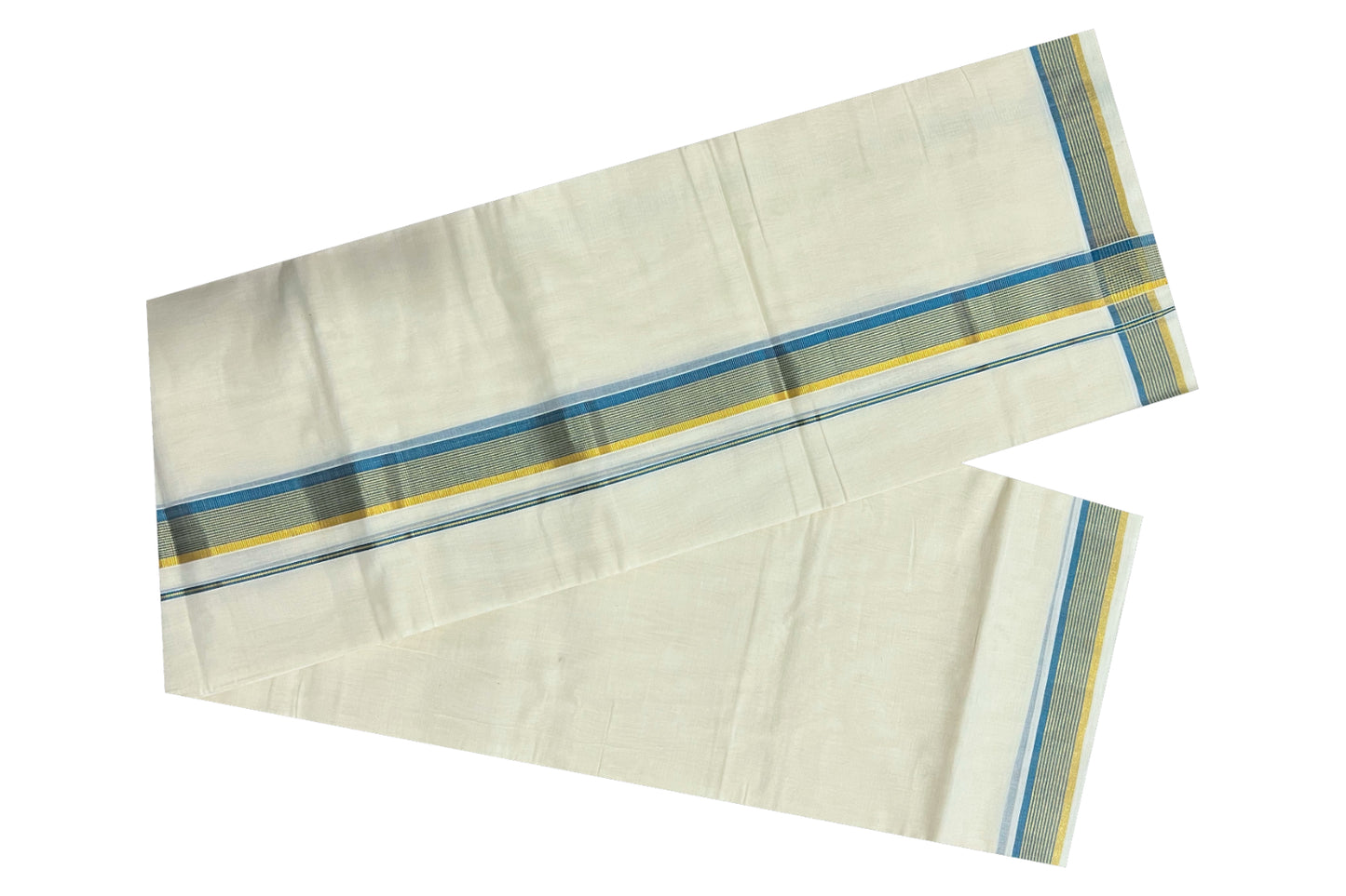 Southloom Kuthampully Handloom Pure Cotton Mundu with Golden and Greyish Blue Kasavu Border (South Indian Dhoti)