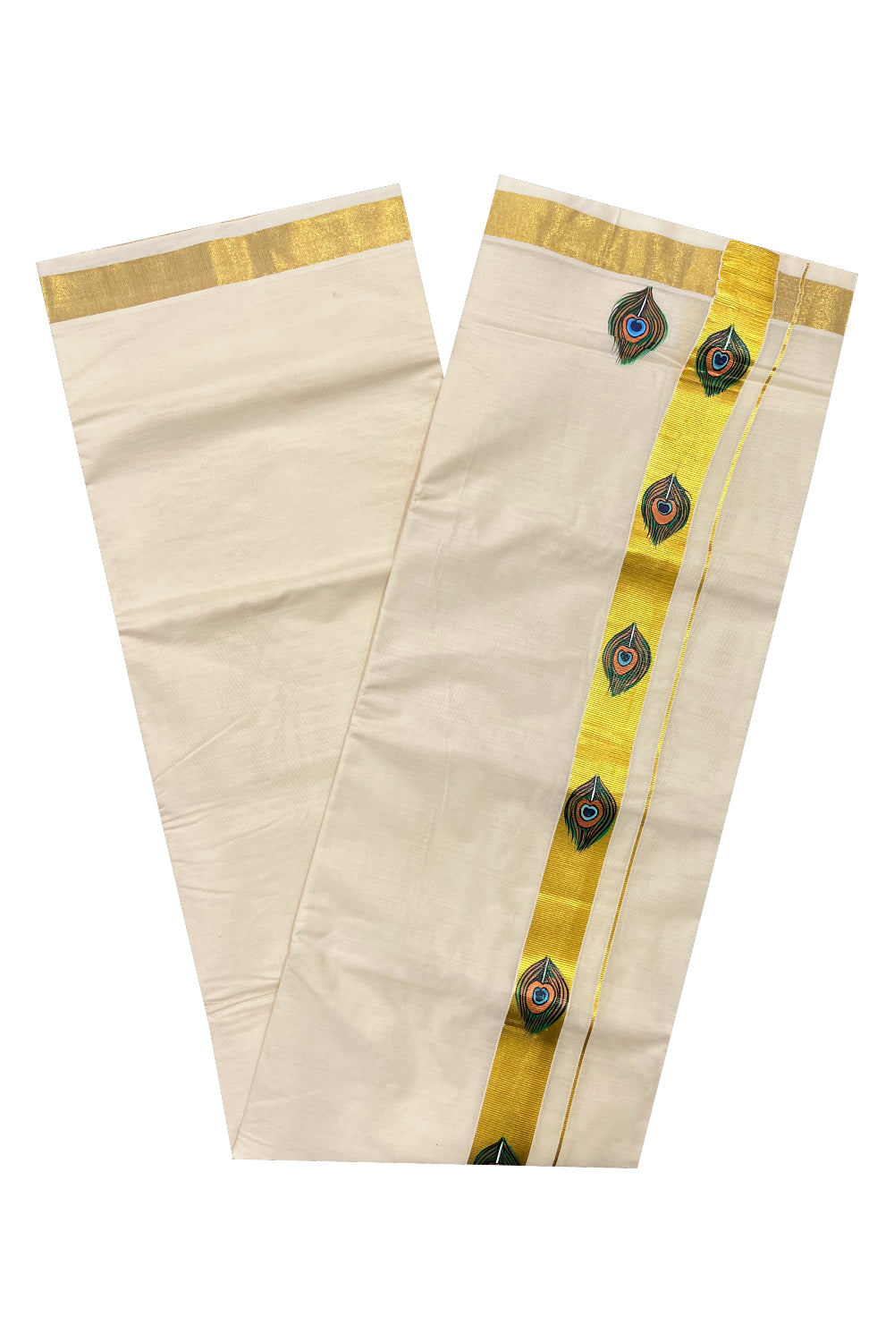 Pure Cotton Kasavu Mundu with Mural Hand Painted Feather Design (South Indian Dhoti)