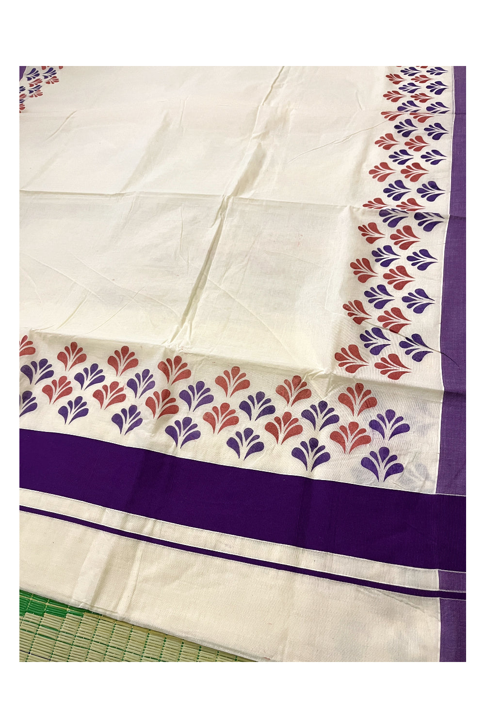 Pure Cotton Off White Kerala Saree with Violet and Red Block Prints in Violet Border