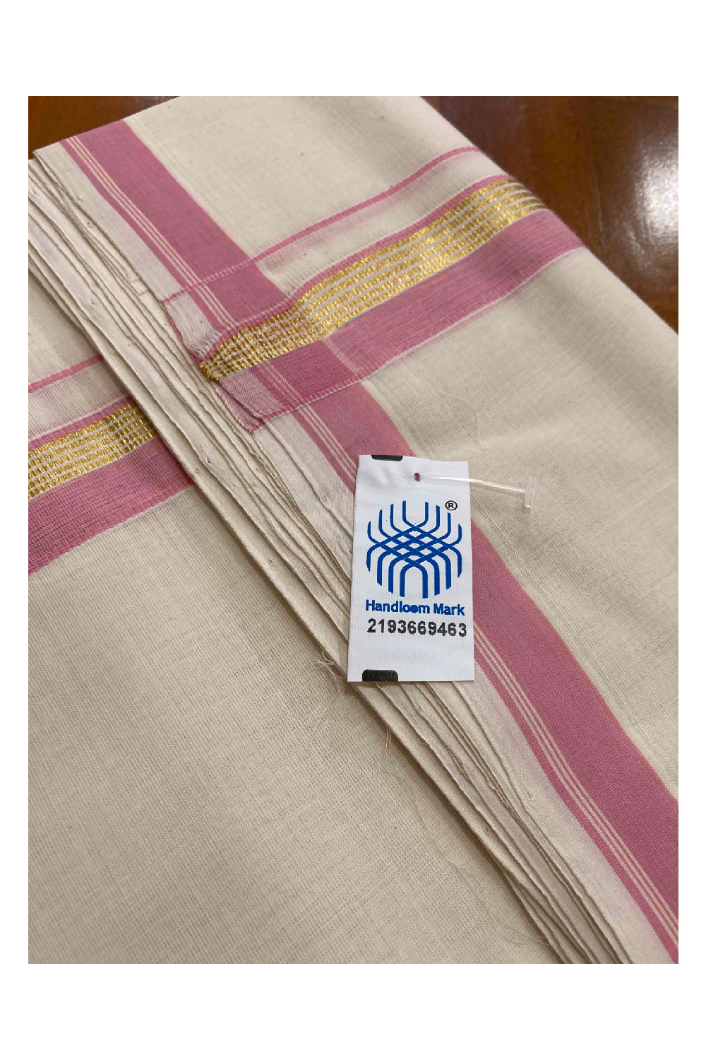 Southloom Handloom Premium Double Dhoti with Pink and Kasavu Border