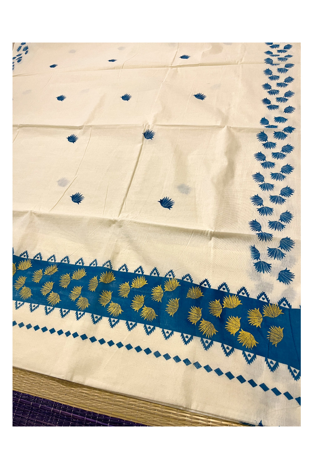 Pure Cotton Kerala Saree with Blue Floral Block Printed Border and Pallu (Vishu Saree 2023)