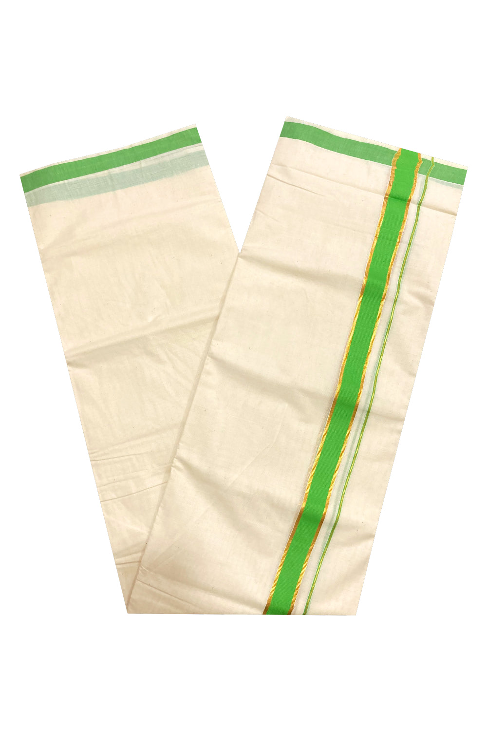 Pure Cotton Off White Double Mundu with Green and Kasavu Border (South Indian Kerala Dhoti)