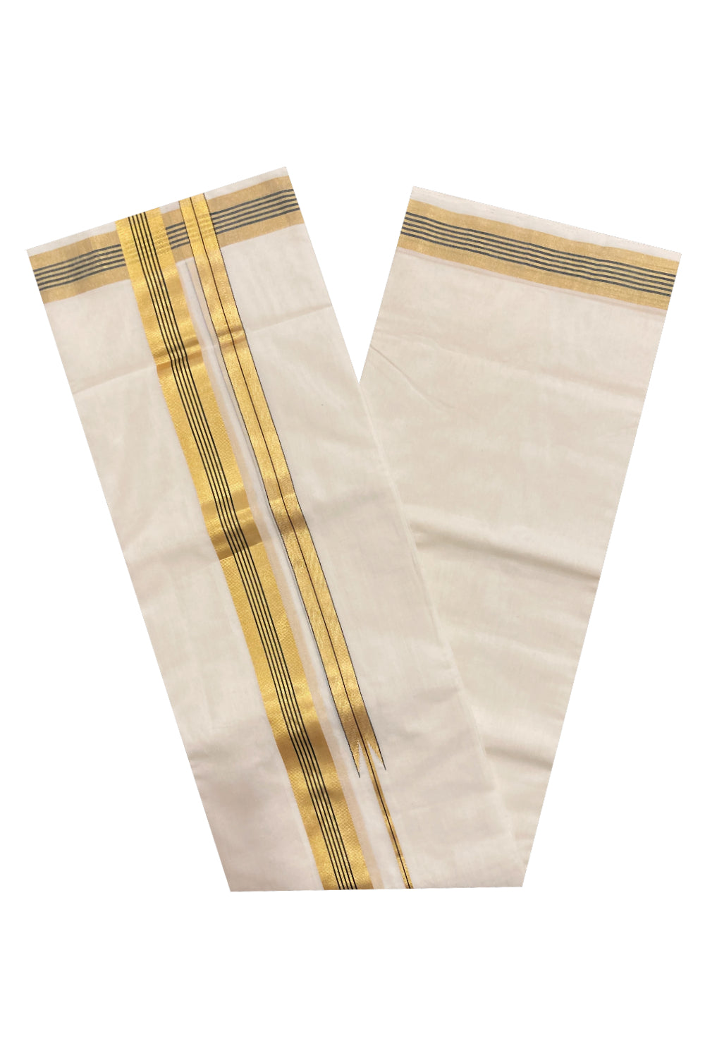 Southloom Premium Handloom Pure Cotton Mundu with Kasavu and Dark Green Chutti Border (South Indian Dhoti)