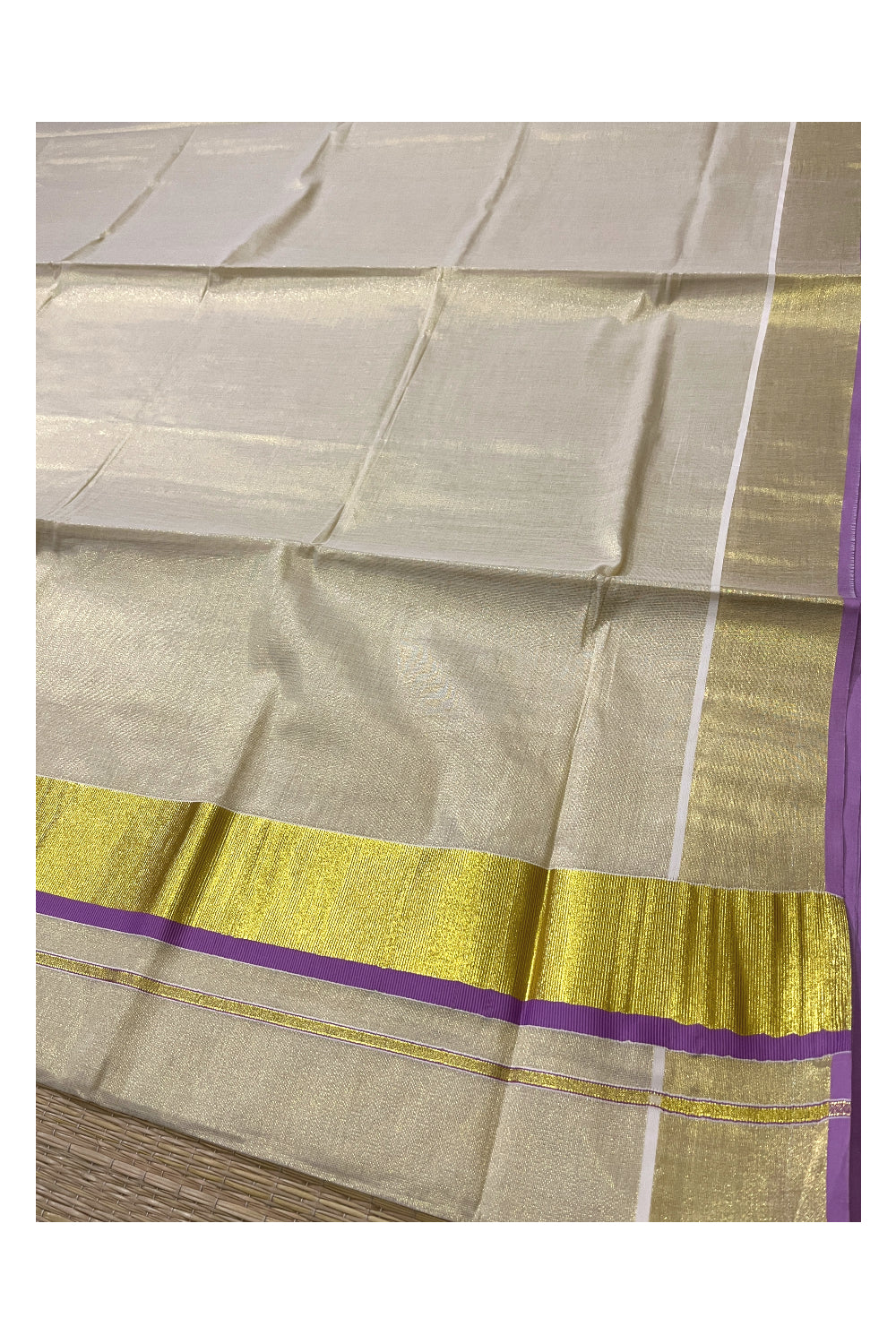 Kerala Kasavu Tissue Saree with Violet Narrow Border