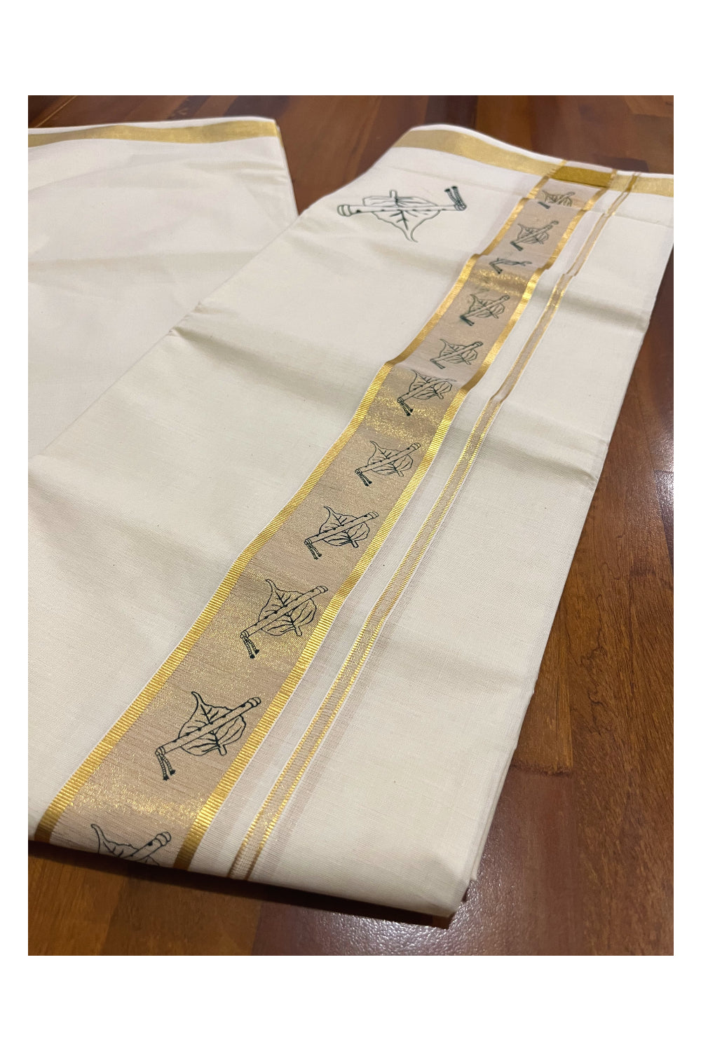 Pure Cotton Off White Double Mundu with Green Block Prints on Kasavu Kara (South Indian Dhoti)