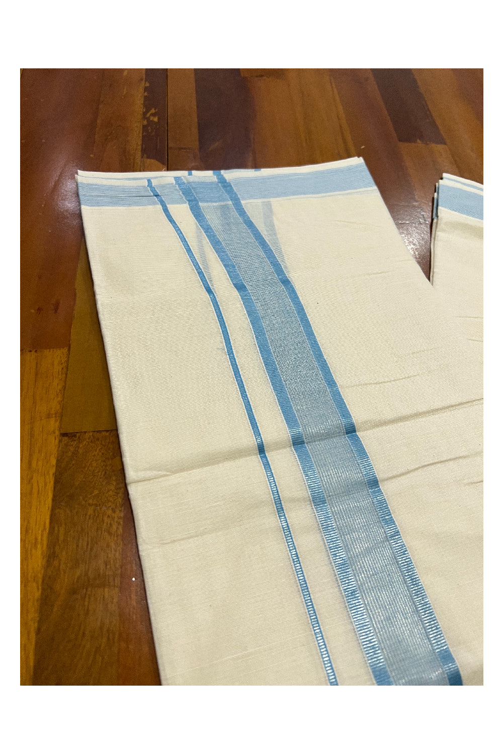 Pure Cotton Off White Double Mundu with Light Blue and Silver Kasavu Border (South Indian Dhoti)