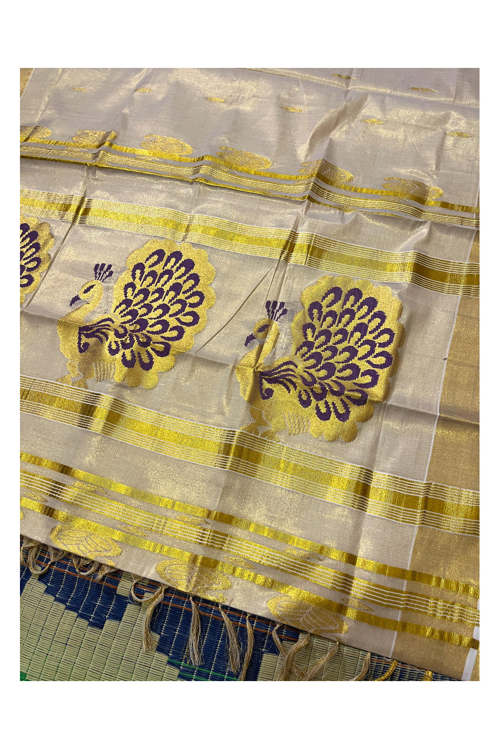 Kerala Tissue Kasavu Saree with Golden and Violet Heavy Woven Works (Onam Saree 2023)