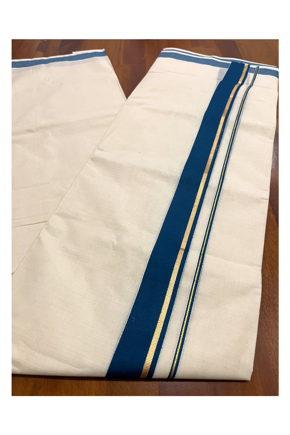 Pure Cotton Double Mundu with Blue and Kasavu Kara (South Indian Dhoti)