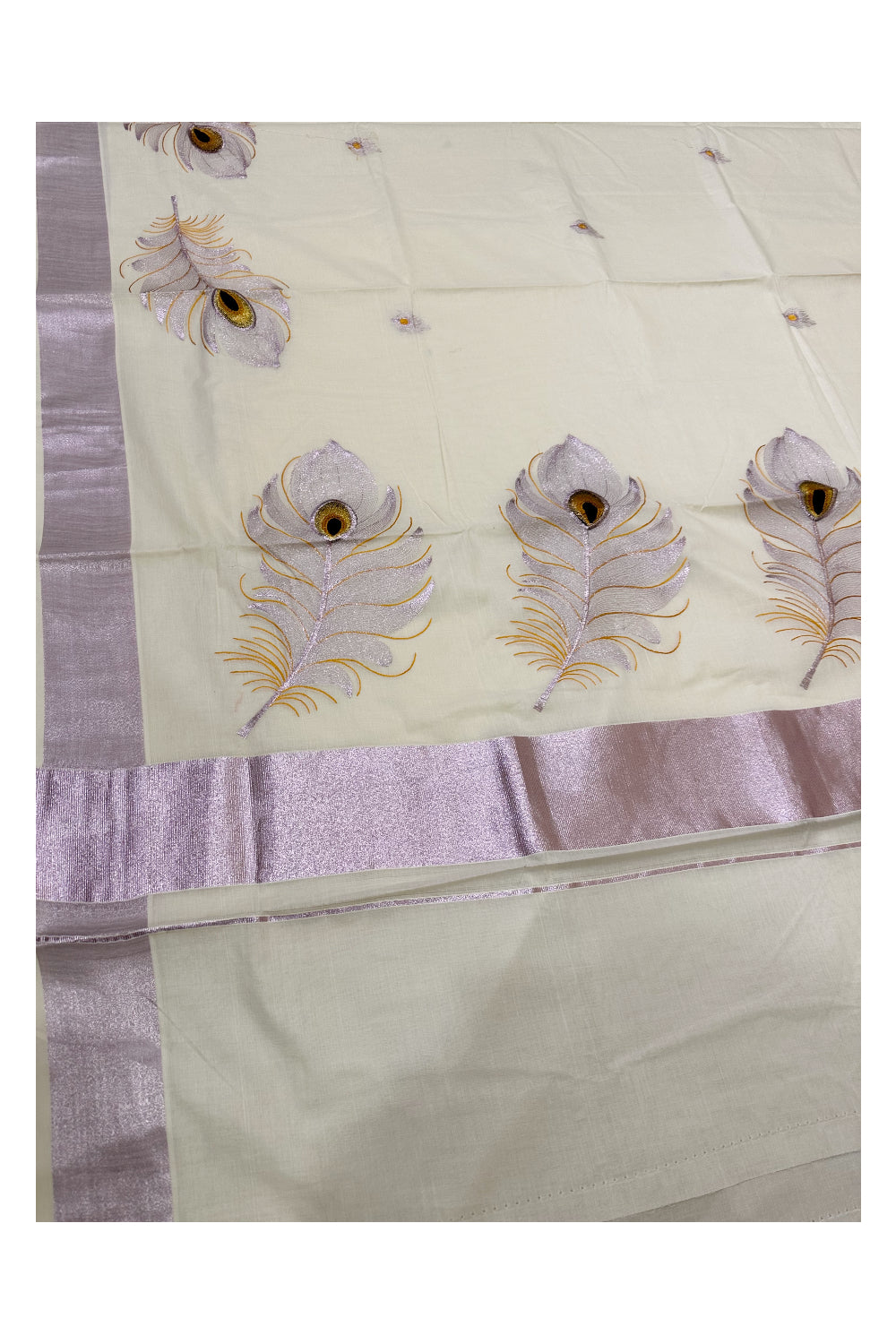 Kerala Rose Copper Kasavu Cotton Saree with Feather Embroidery Works