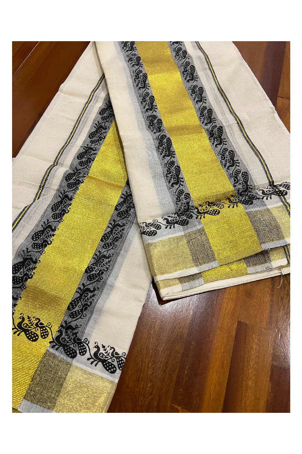 Pure Cotton Kasavu Set Mundu (Mundum Neriyathum) with Black Peacock Block Prints on Border