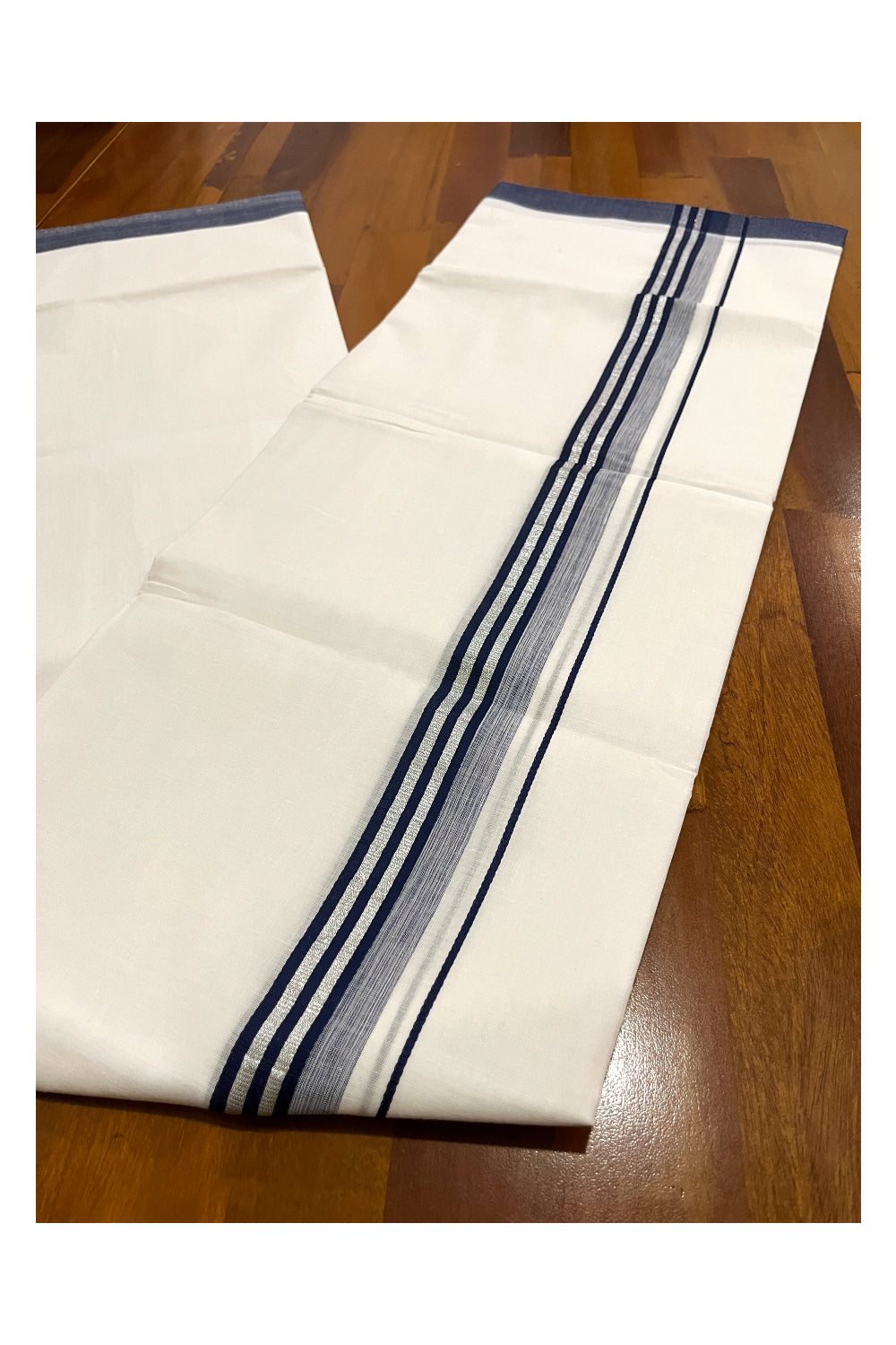 Pure White Cotton Double Mundu with Silver Kasavu and Navy Blue Border (South Indian Dhoti)