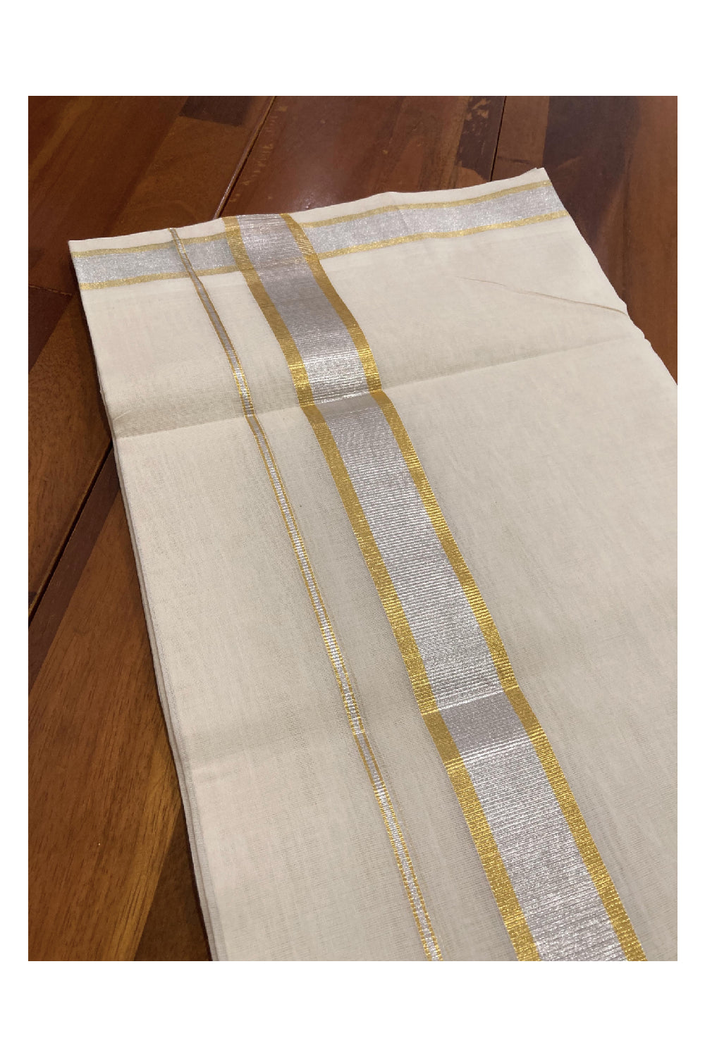 Southloom Balaramapuram Unakkupaavu Premium Wedding Handloom Mundu with Golden and Silver Kasavu Border