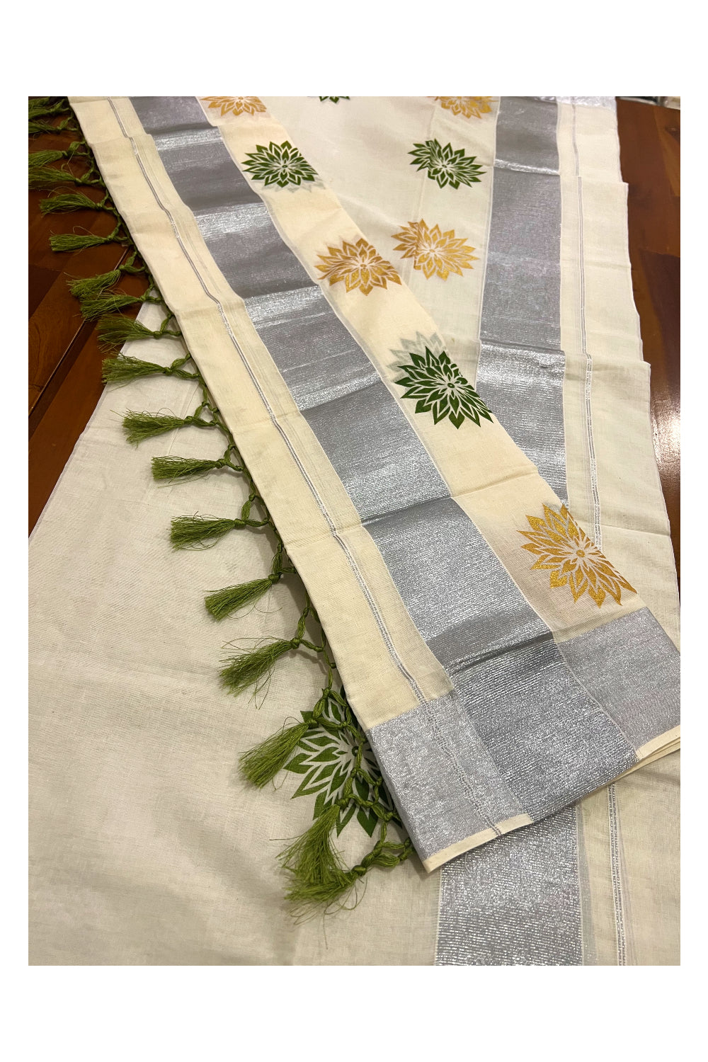 Kerala Cotton Mundum Neriyathum Single (Set Mundu) with Light Green and Golden Floral Block Prints