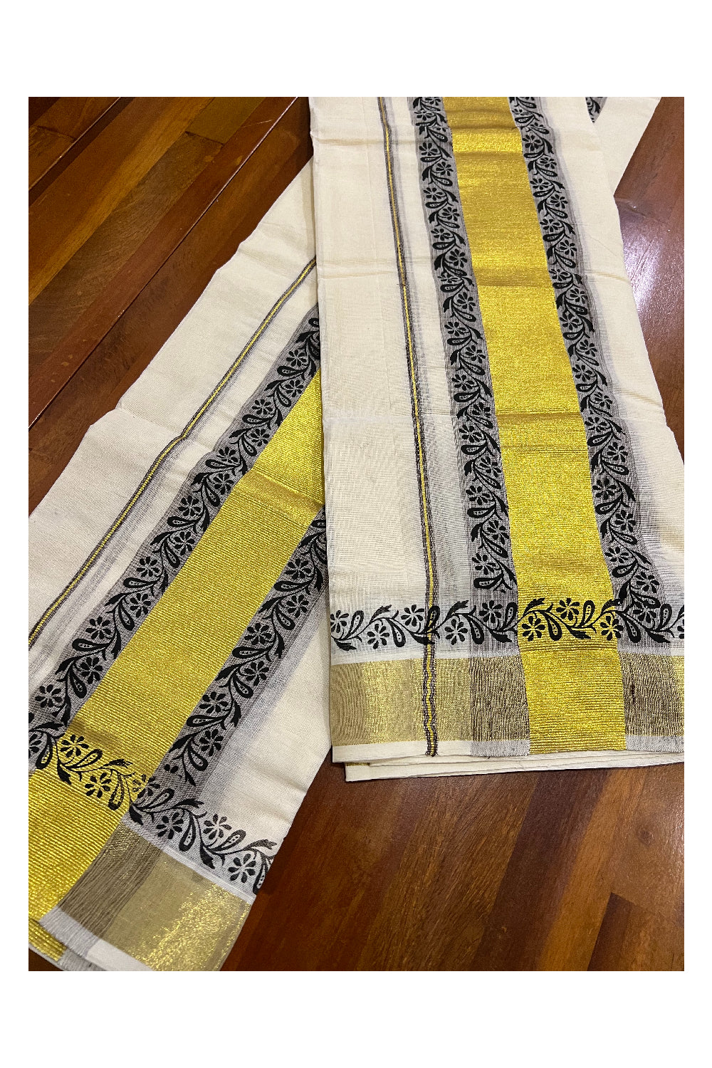 Pure Cotton Kasavu Set Mundu (Mundum Neriyathum) with Dark Brown Floral Block Prints on Border