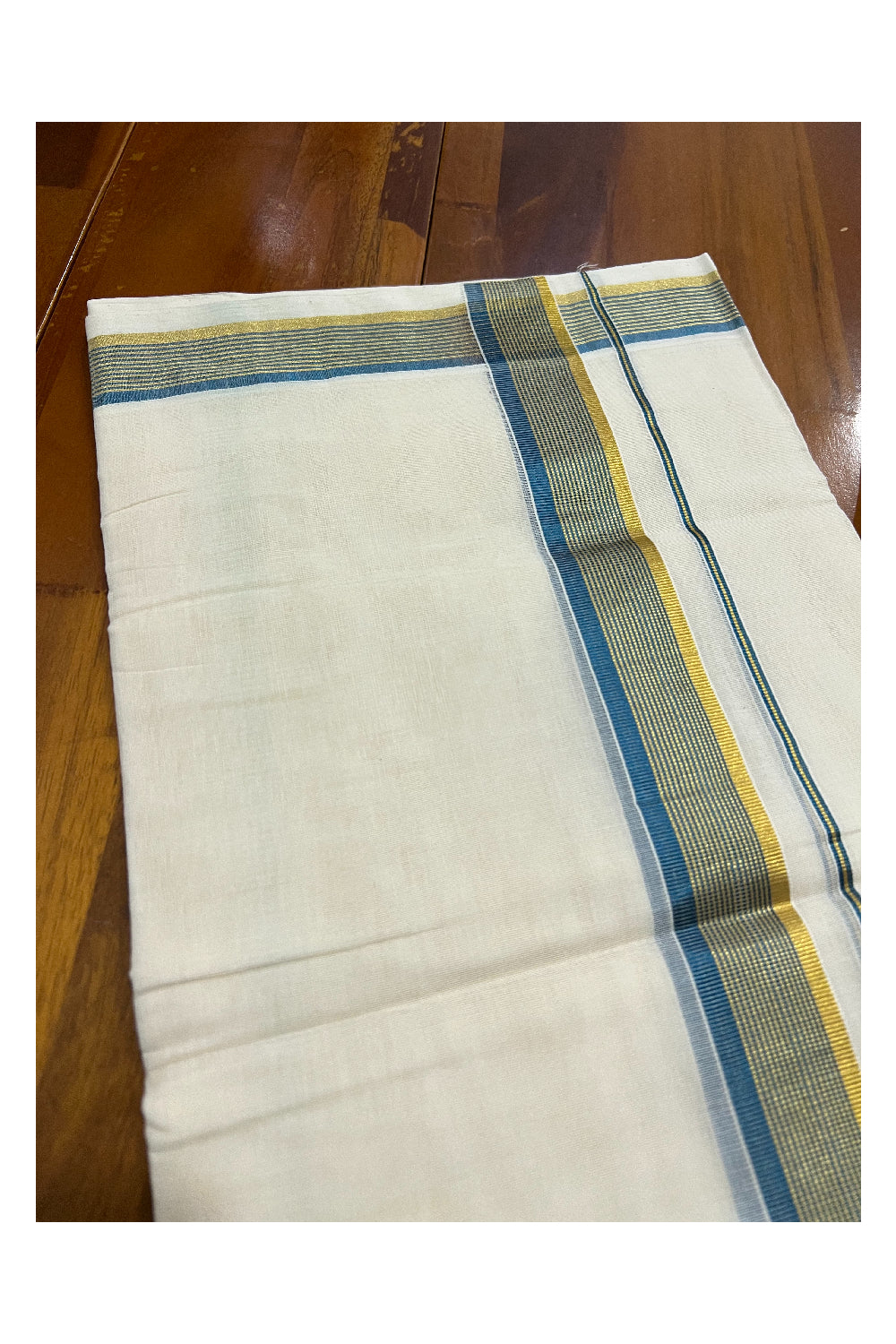 Southloom Kuthampully Handloom Pure Cotton Mundu with Golden and Greyish Blue Kasavu Border (South Indian Dhoti)