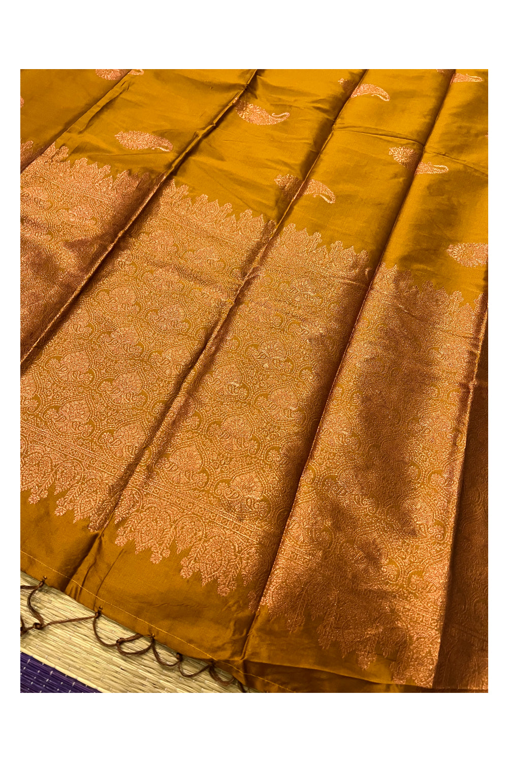 Southloom Golden Yellow Semi Silk Designer Saree with Copper Kasavu Woven Works on Body