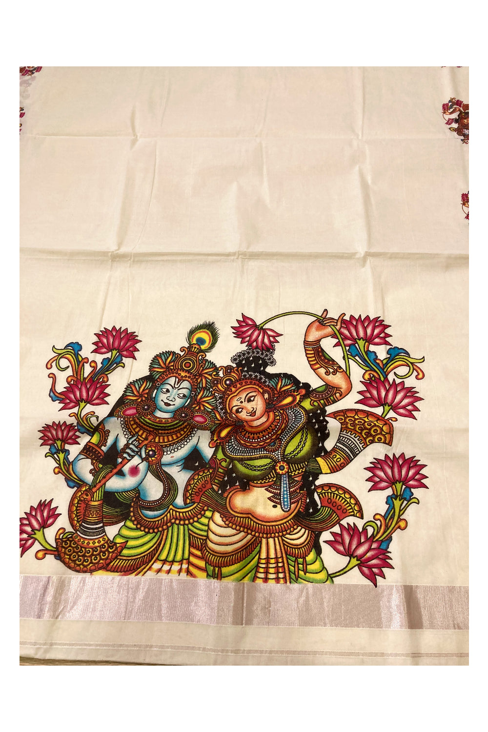 Pure Cotton Kerala Saree with Krishna Radha Mural Prints and Silver Border