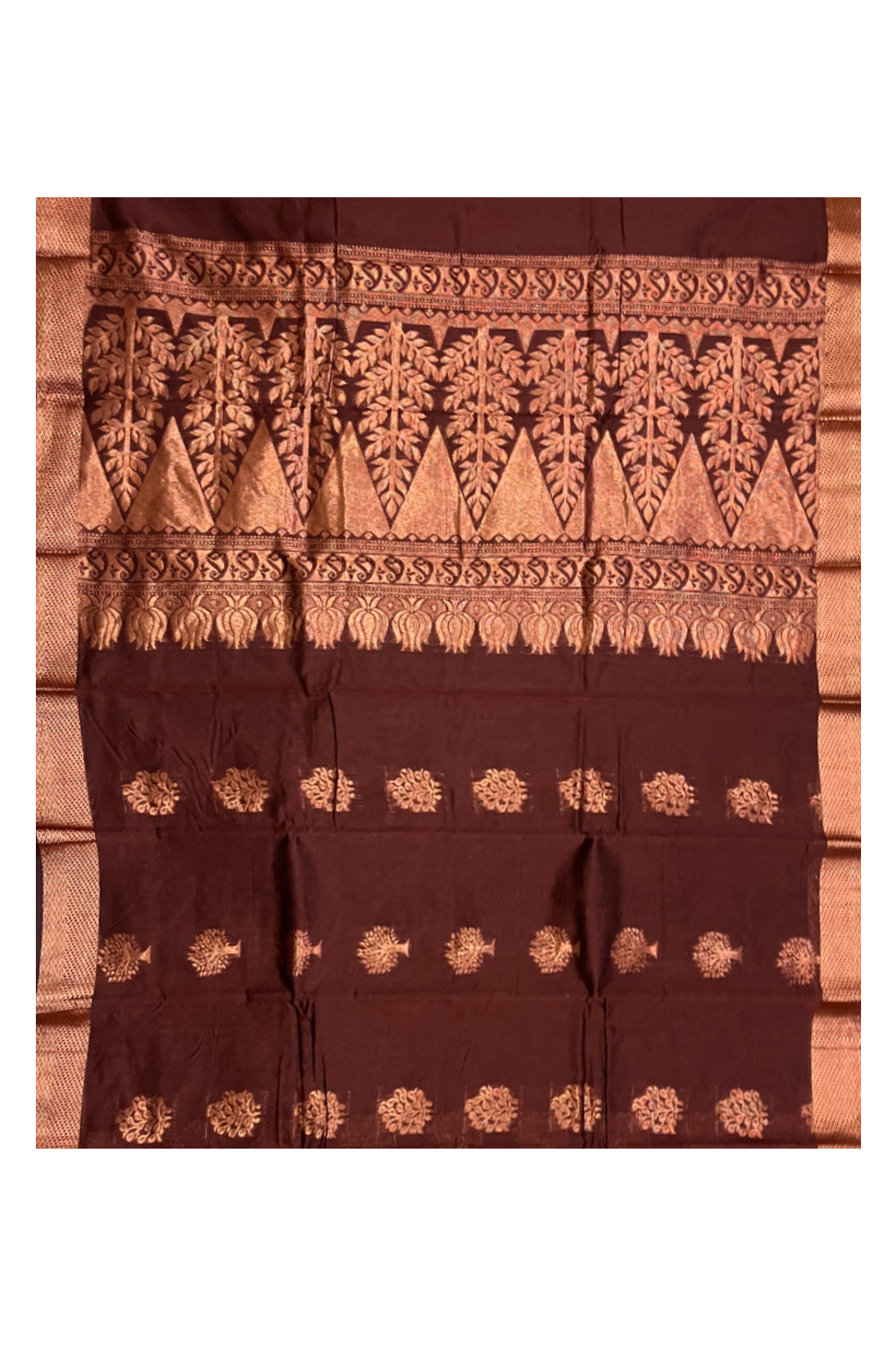 Southloom Cotton Silk Dark Brown Designer Saree with Copper Zari Motifs