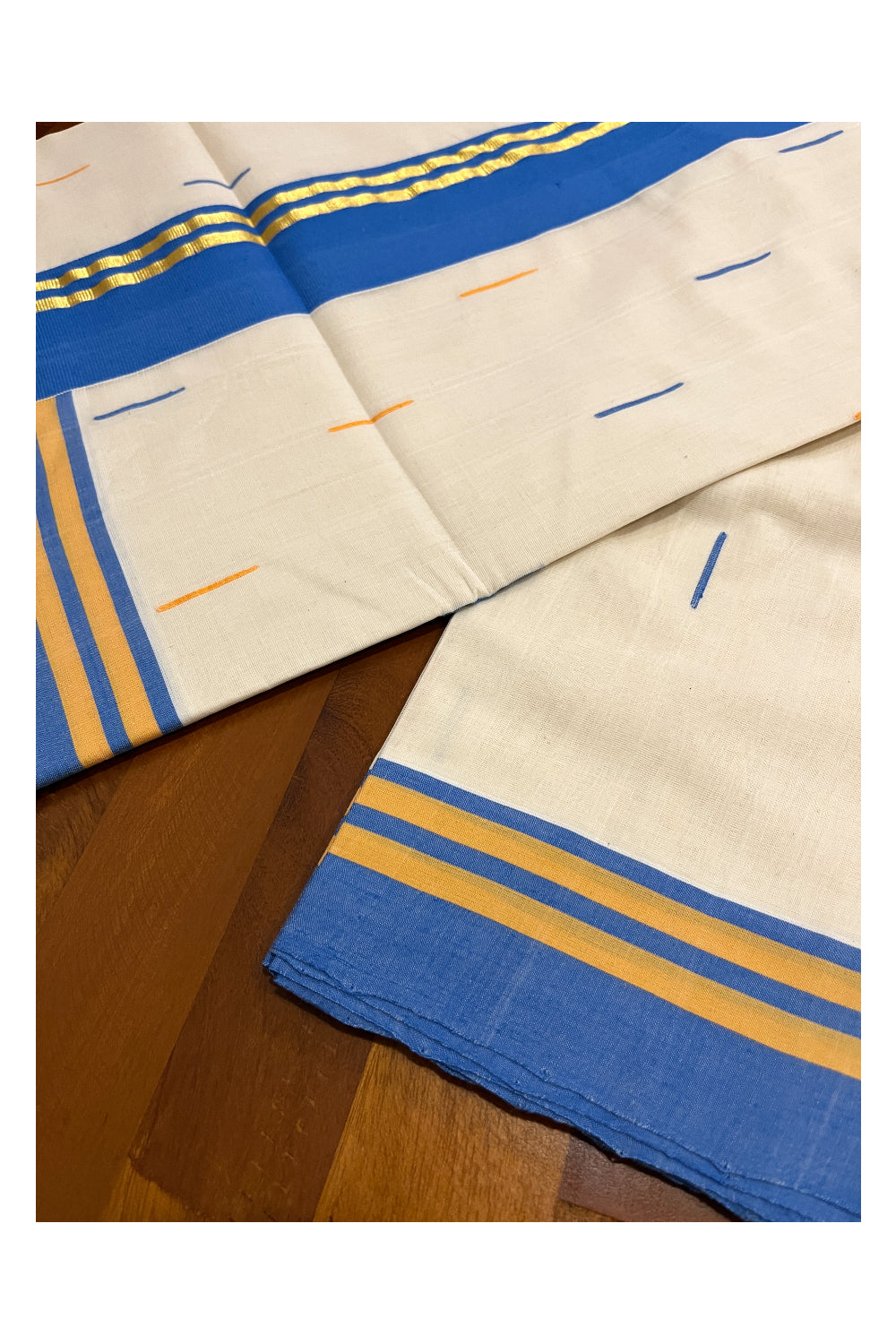 Southloom Balaramapuram Unakkupaavu Handloom Saree with Kasavu Blue Pallu and Butta Works on Body