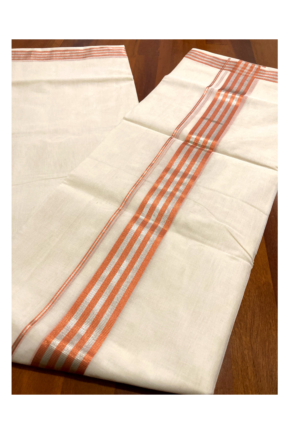 Southloom™ Premium Handloom Mundu with Silver and Copper Kasavu Border (South Indian Kerala Dhoti) 2 inch