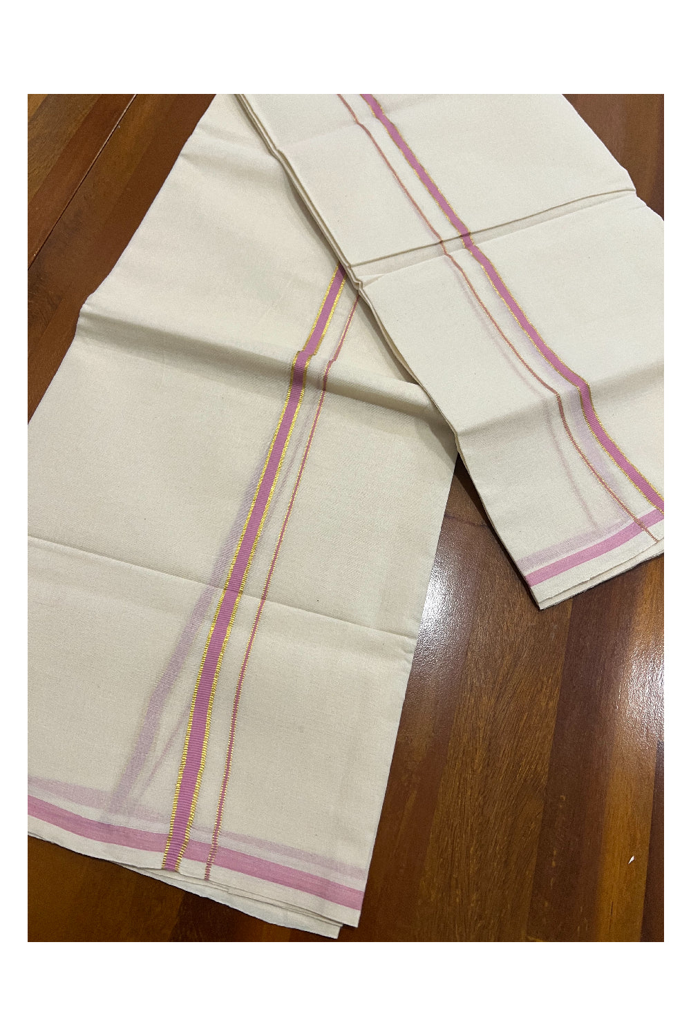 Kerala Cotton Set Mundu (Mundum Neriyathum) with 0.5 inch Kasavu and Pink Border 2.80 Mtrs