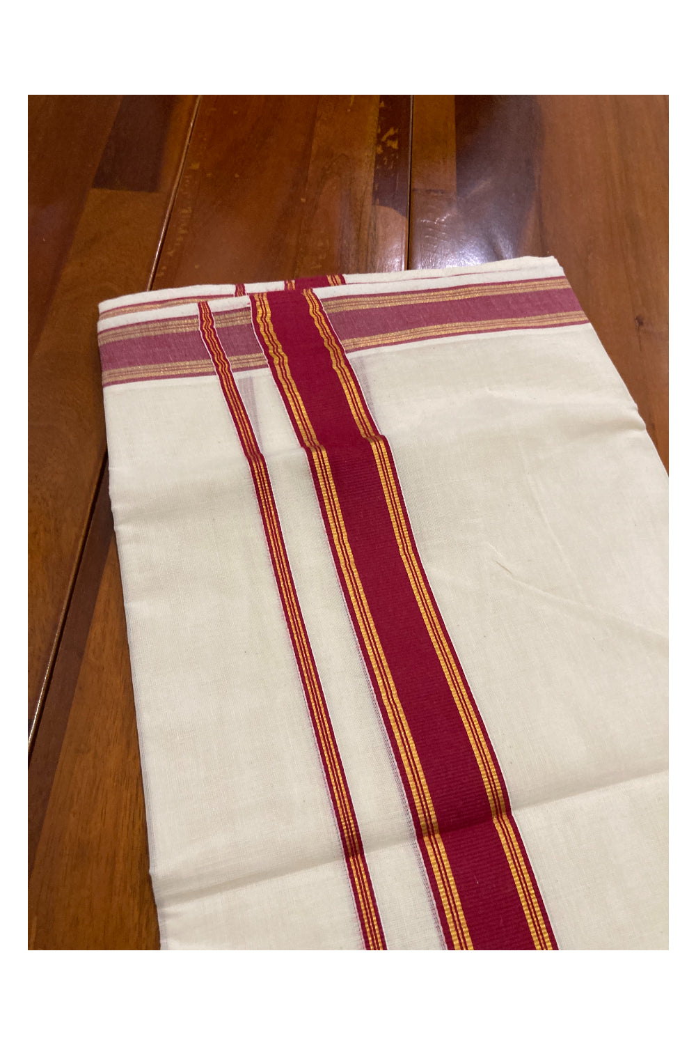 Off White Kerala Double Mundu with Kasavu and Dark Red Border (South Indian Dhoti)