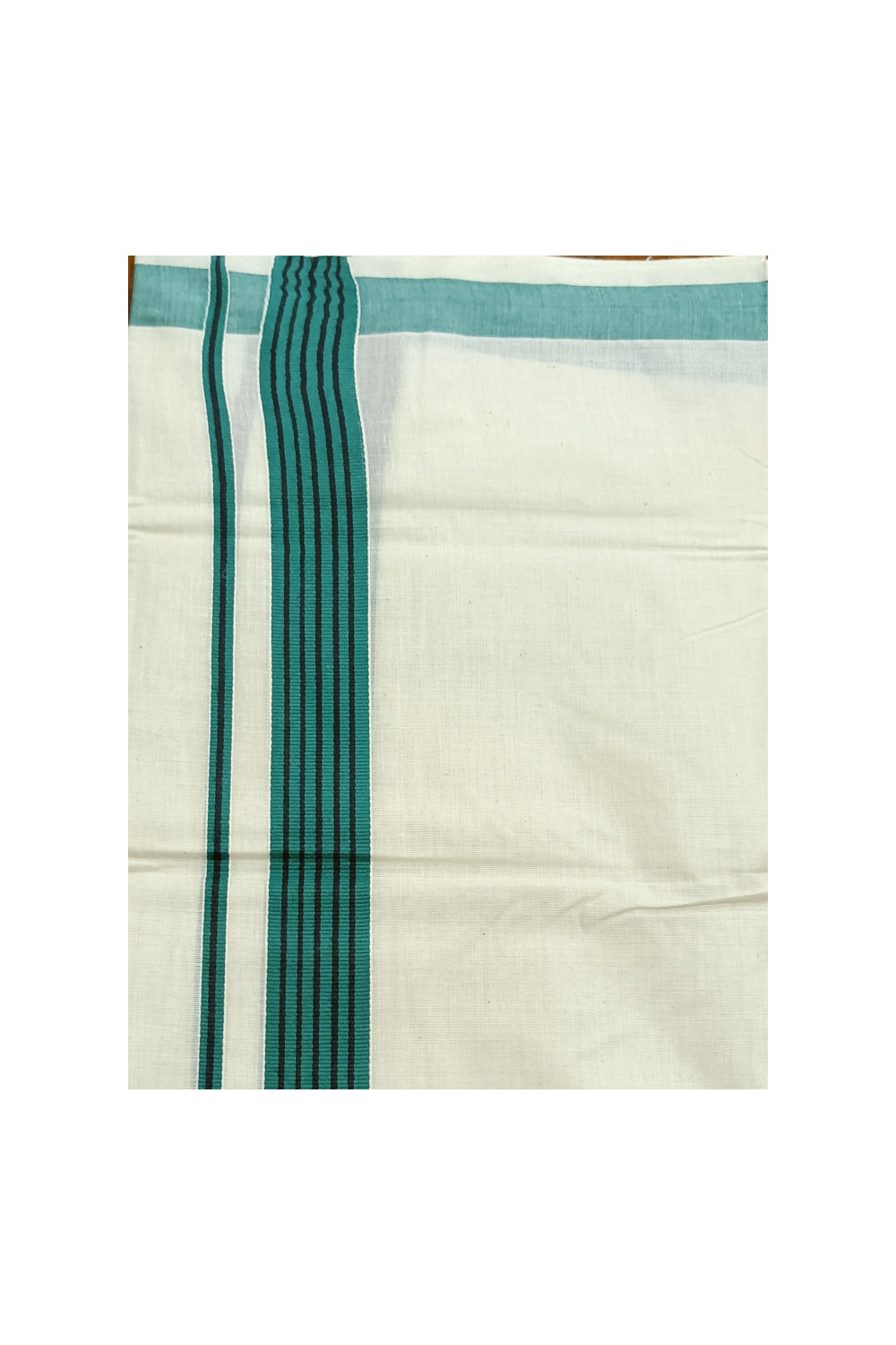 Off White Kerala Double Mundu with Black Lines on Green Border (South Indian Dhoti)